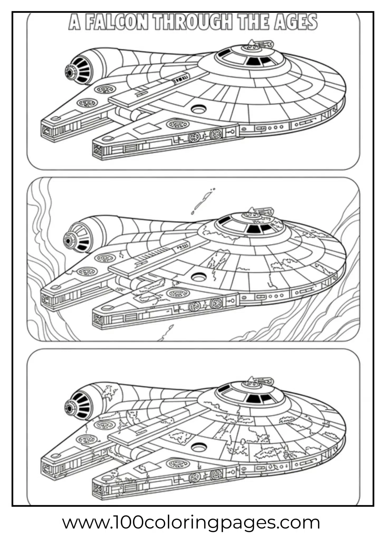 Three panels showing a spaceship evolution in space