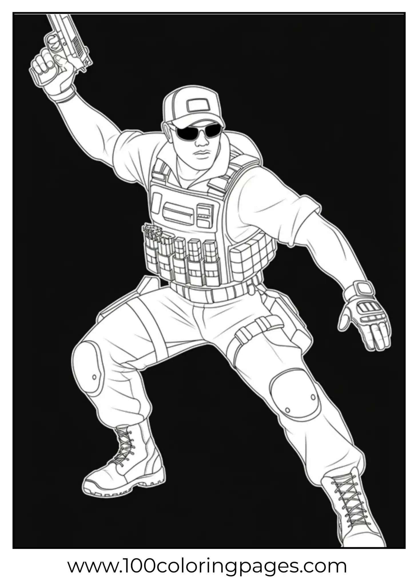 Action hero in dynamic pose with sunglasses and a pistol