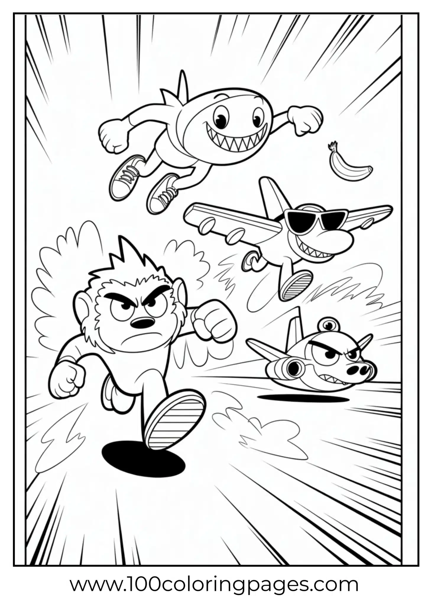 Cartoon characters running and flying dynamically