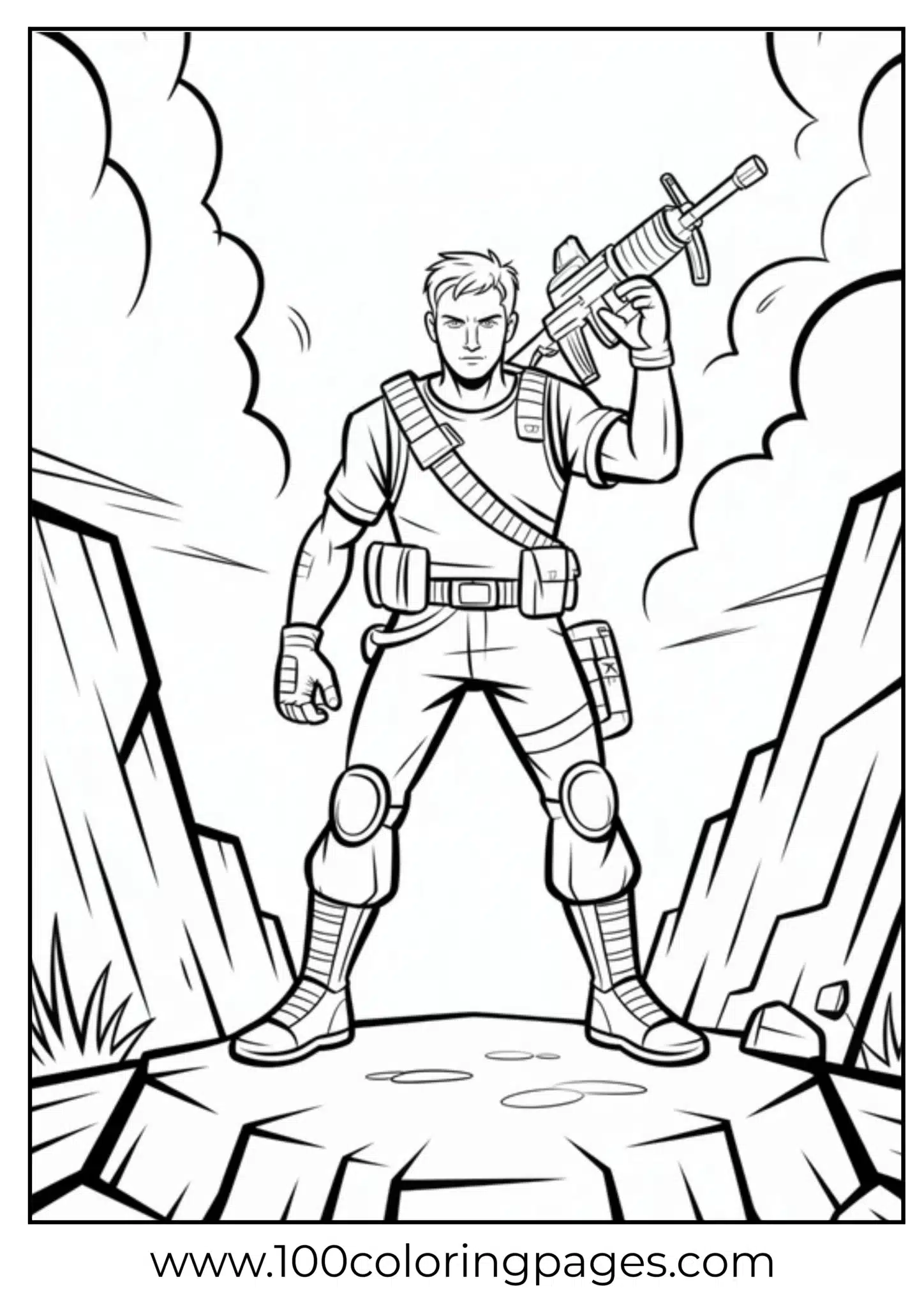 Heroic man with a sword standing on mountain rocks
