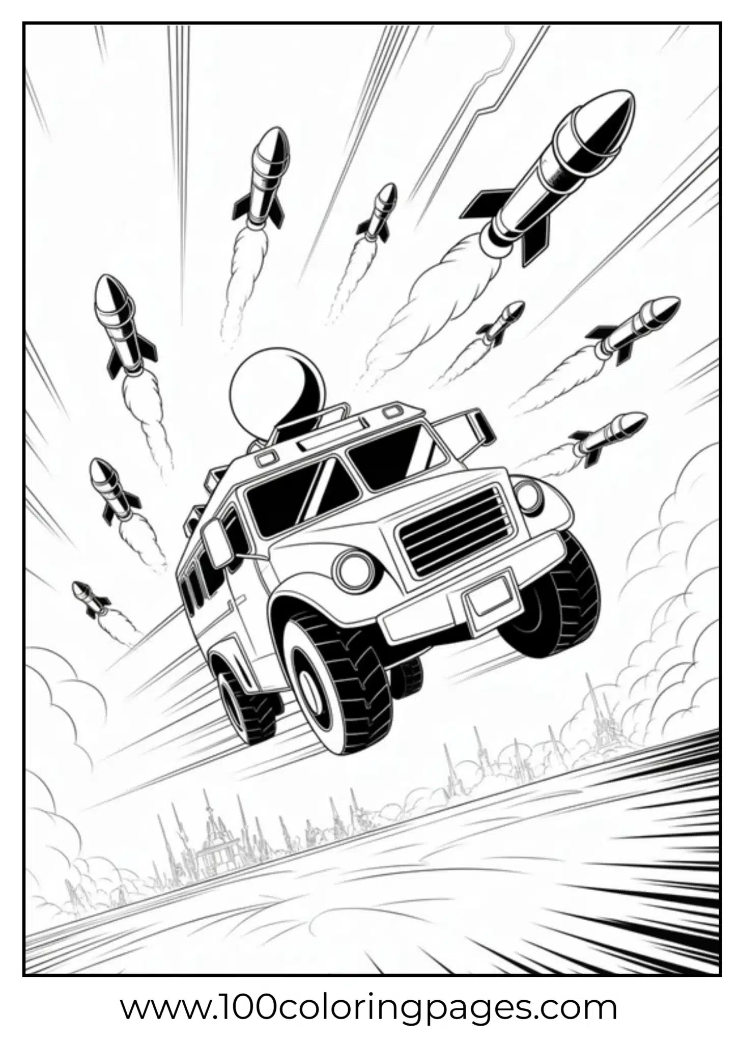 SUV driving fast with rockets flying in the sky