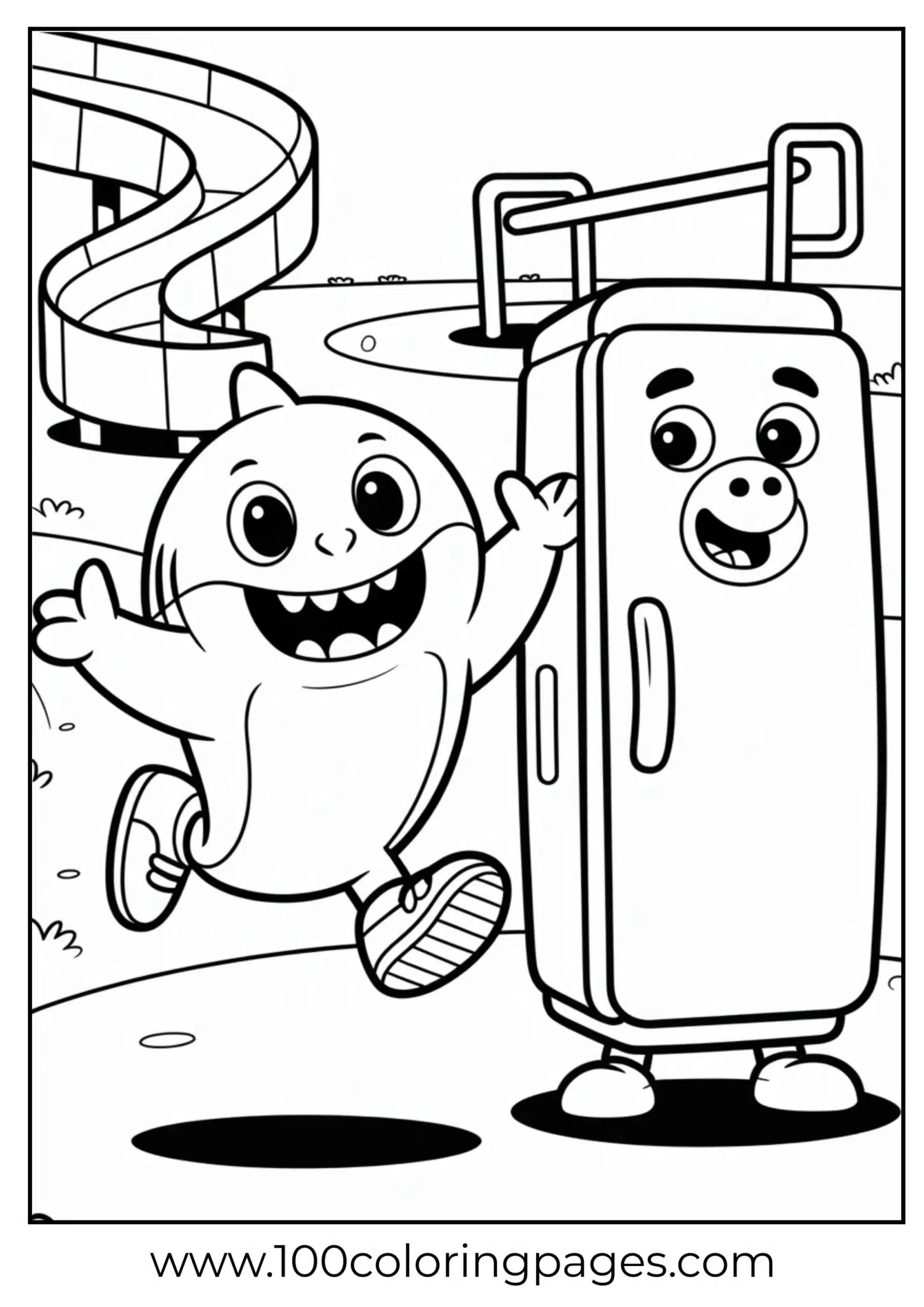 Cartoon character with a friendly suitcase in a playful scene