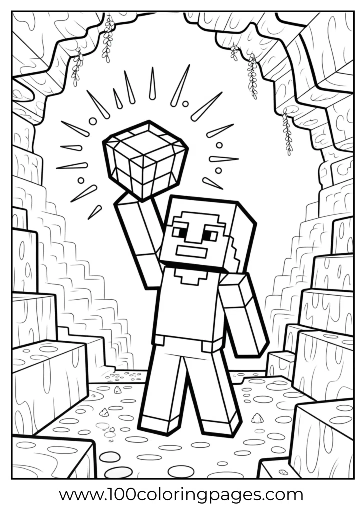 Minecraft style miner holding up a shiny gem in a cave