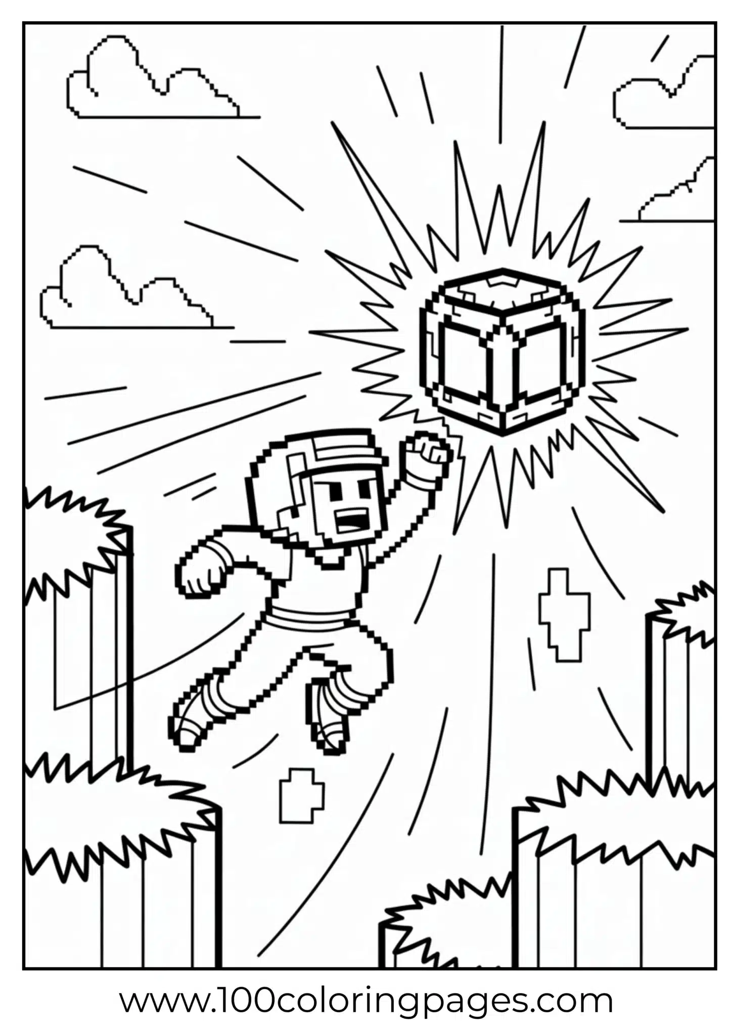 Pixelated hero leaping towards a glowing cube in the sky