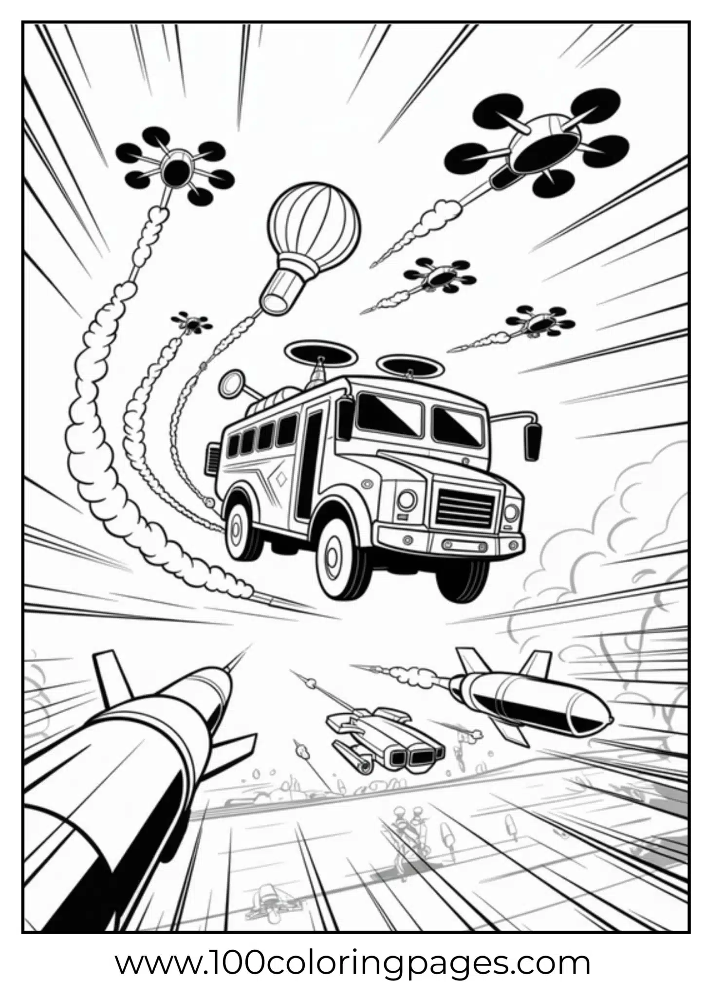 Action-packed scene with vehicles and drones in motion