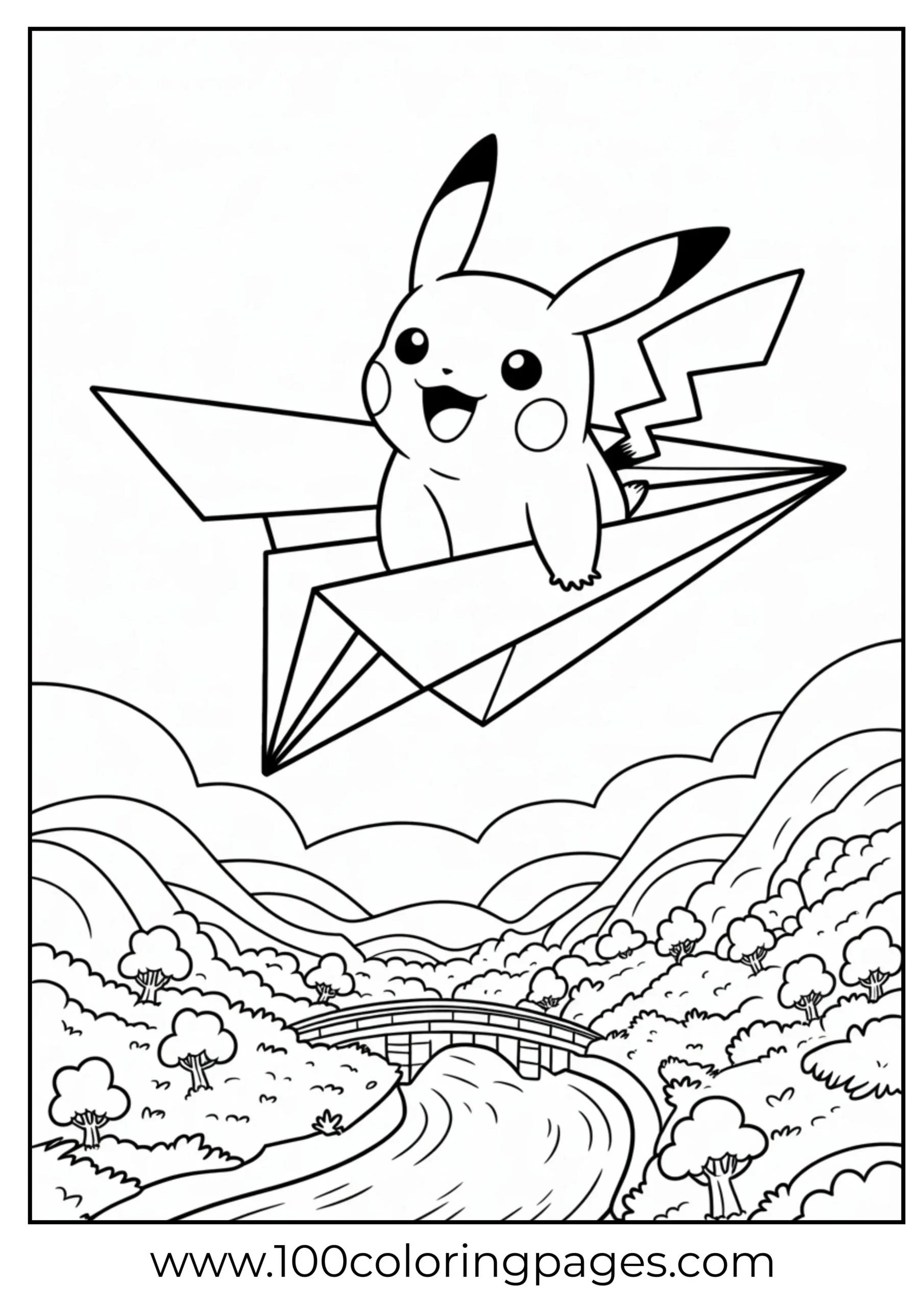Pikachu riding paper plane in sky