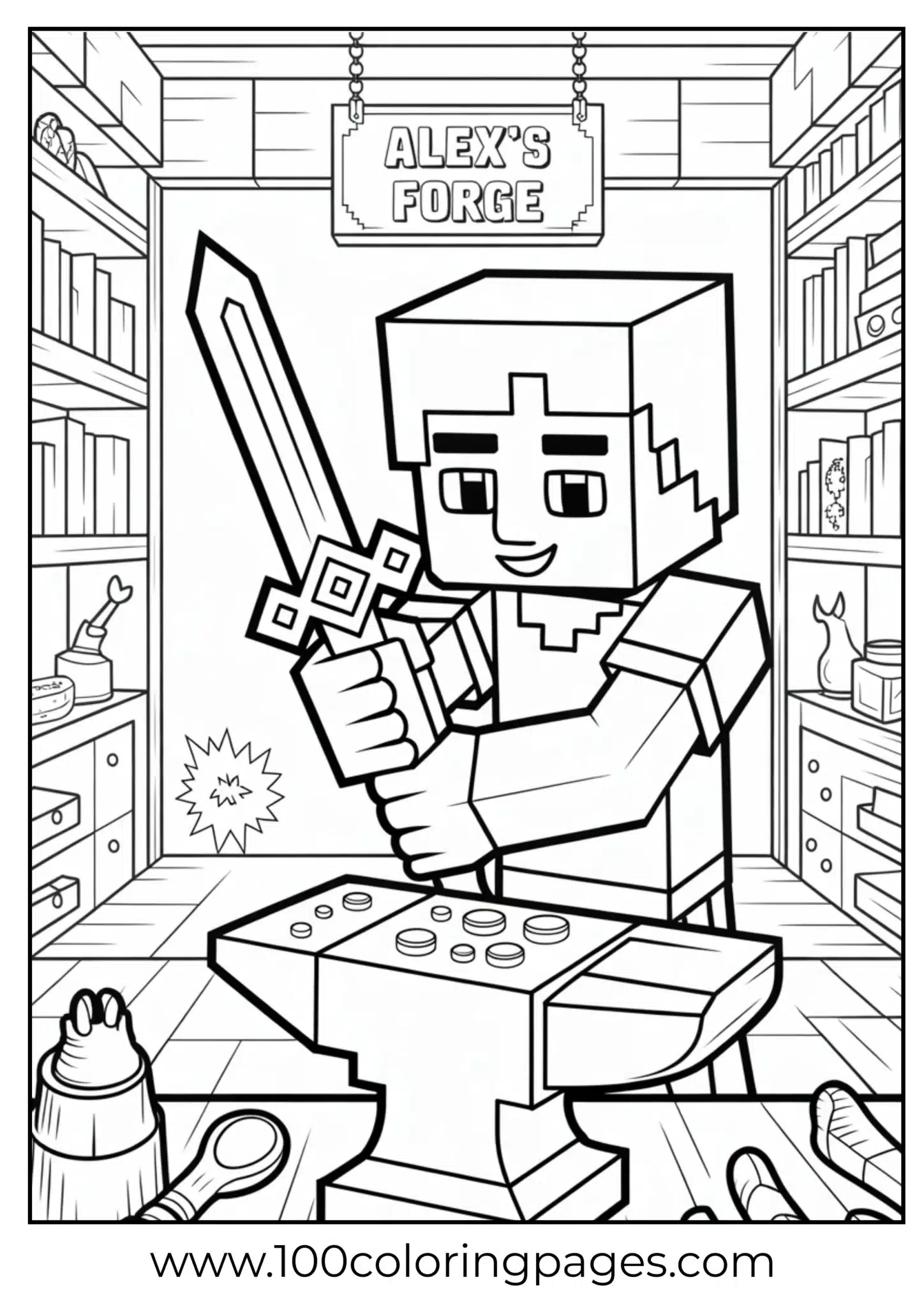 Cartoon character Alex crafting in a forge workshop