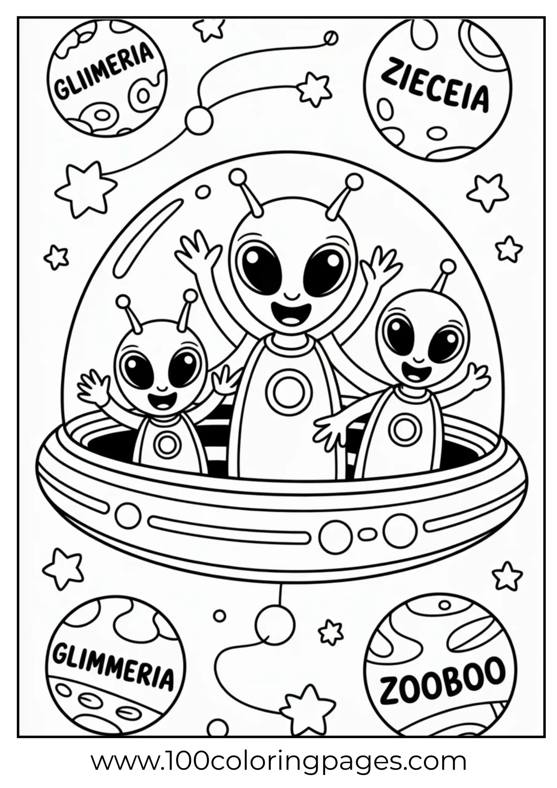 Cartoon aliens visit solar system coloring pages