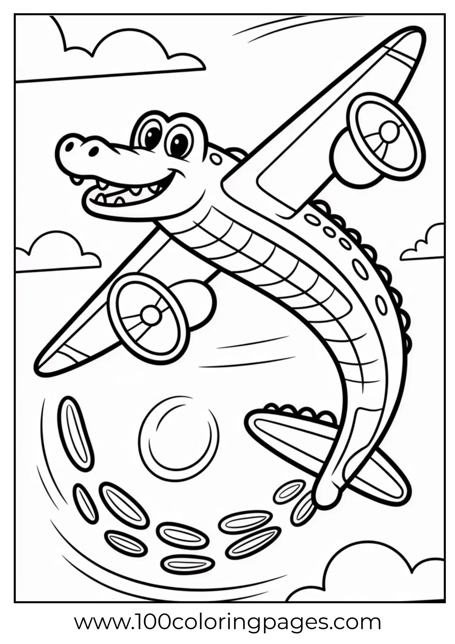 Cartoon alligator piloting a plane high in the sky