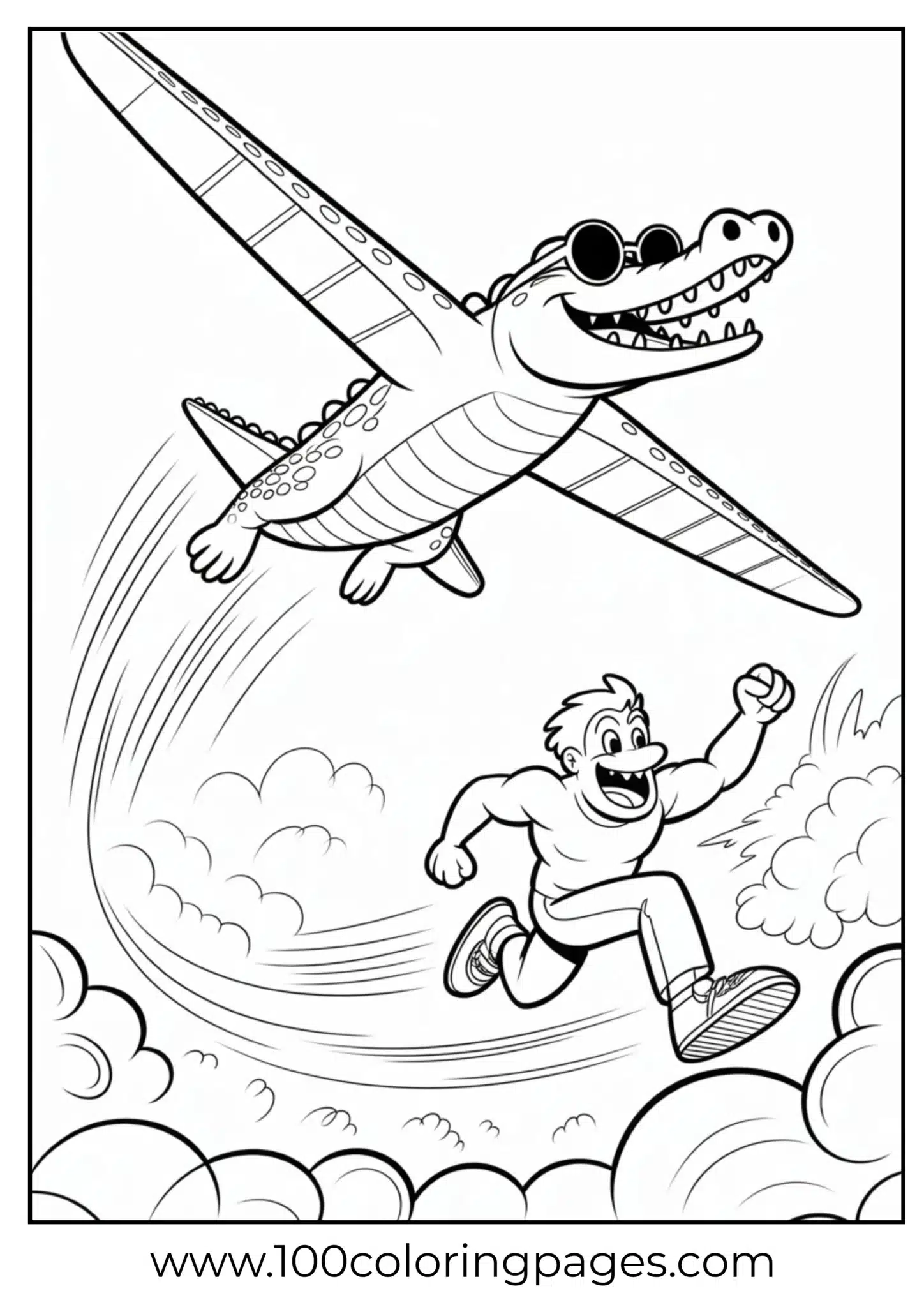 Cartoon alligator flying a plane and boy jumping with joy