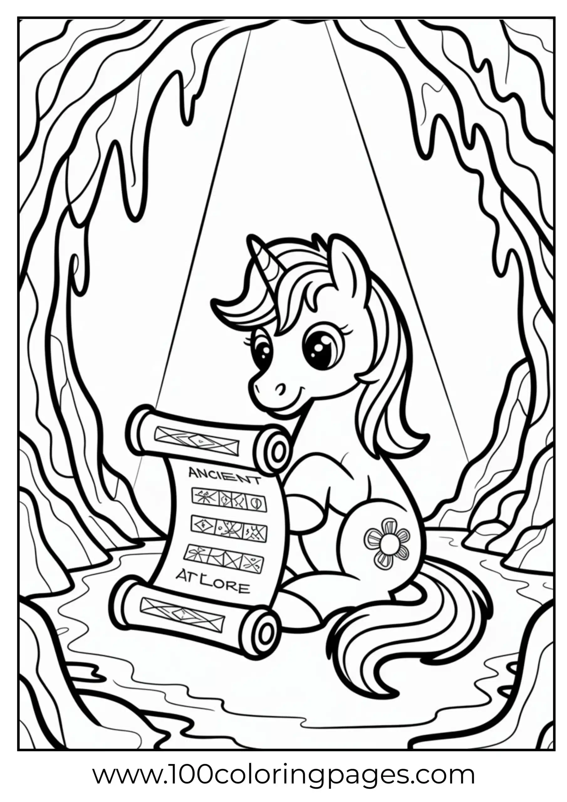Pony reading magical scroll in cave