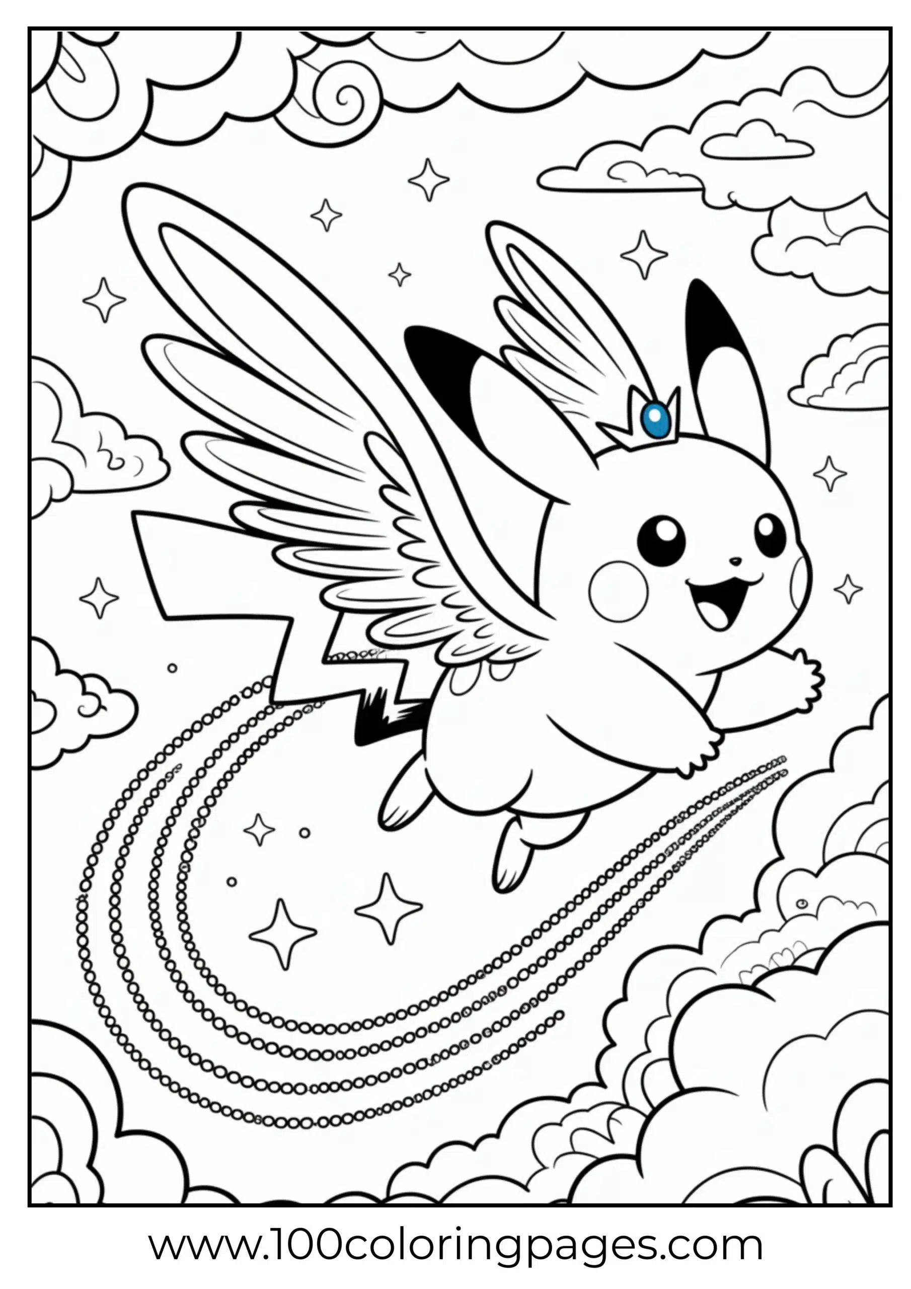 Winged Pikachu flying through sky