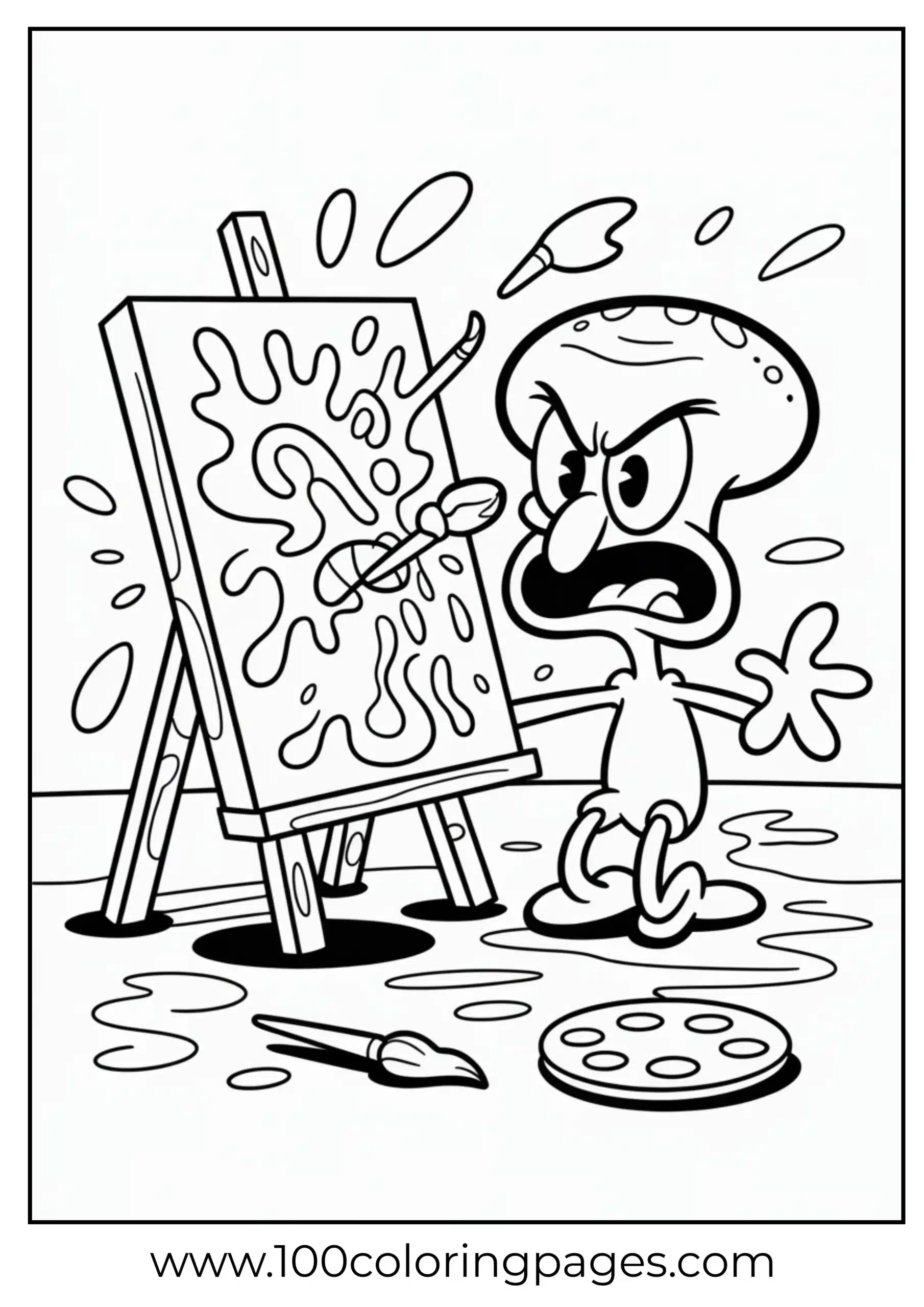 Squidward painting in frustration with splashes