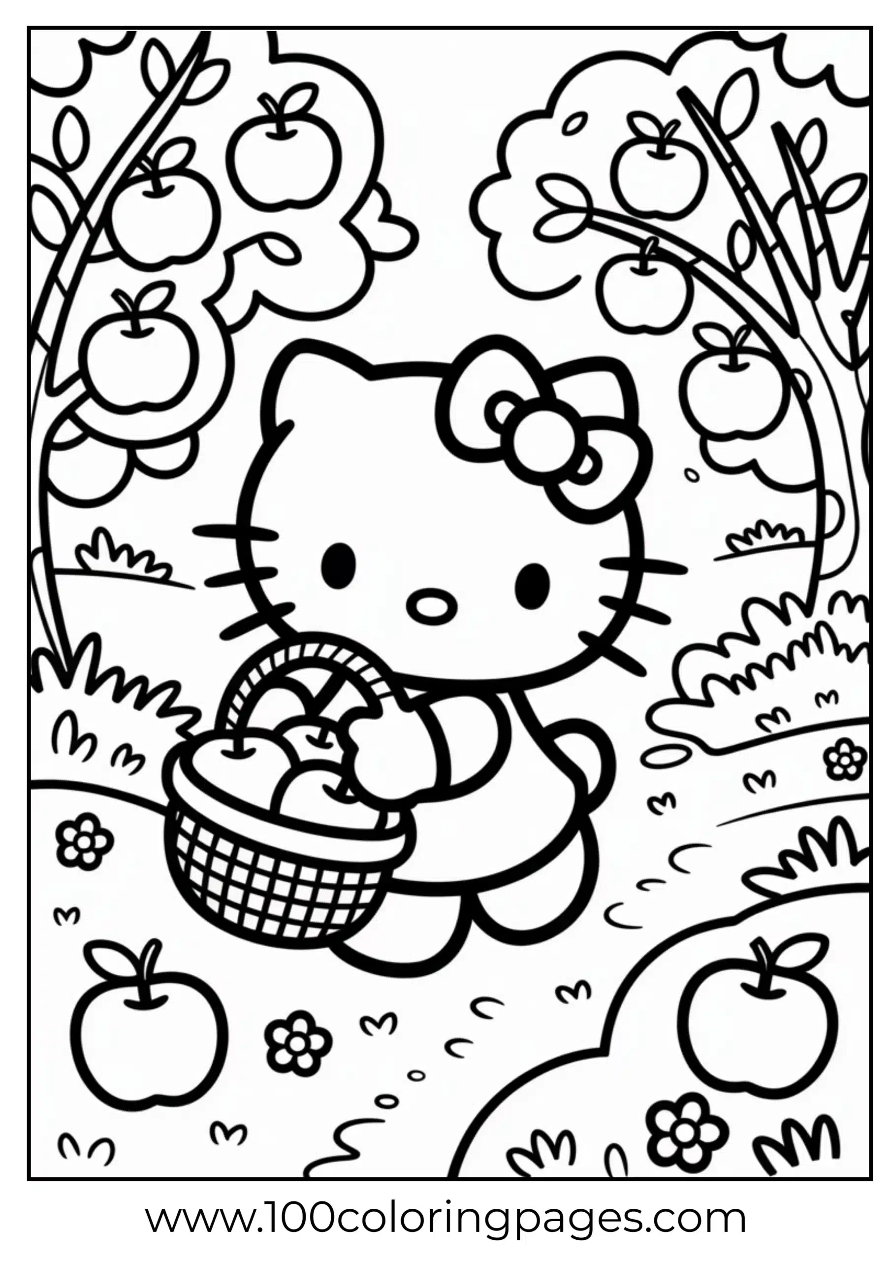 Hello Kitty picking apples coloring page