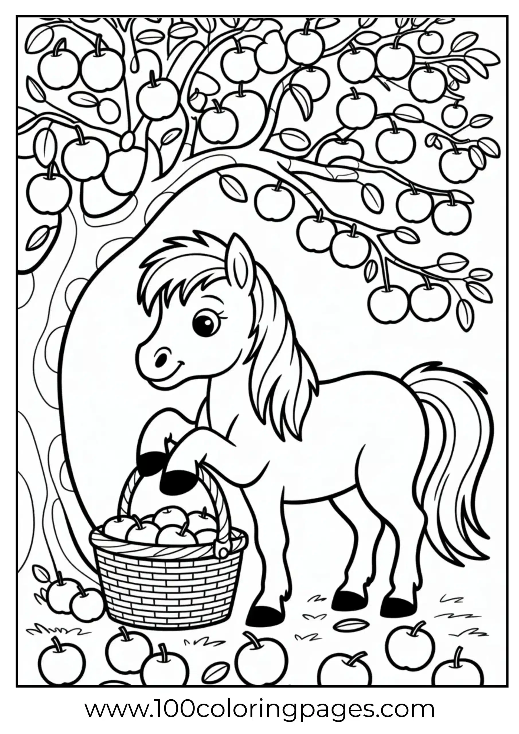 Pony picking apples under tree