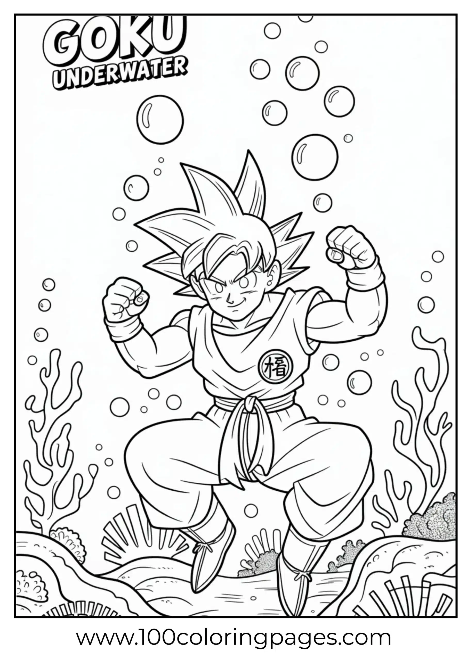 Underwater Goku flexing coloring page