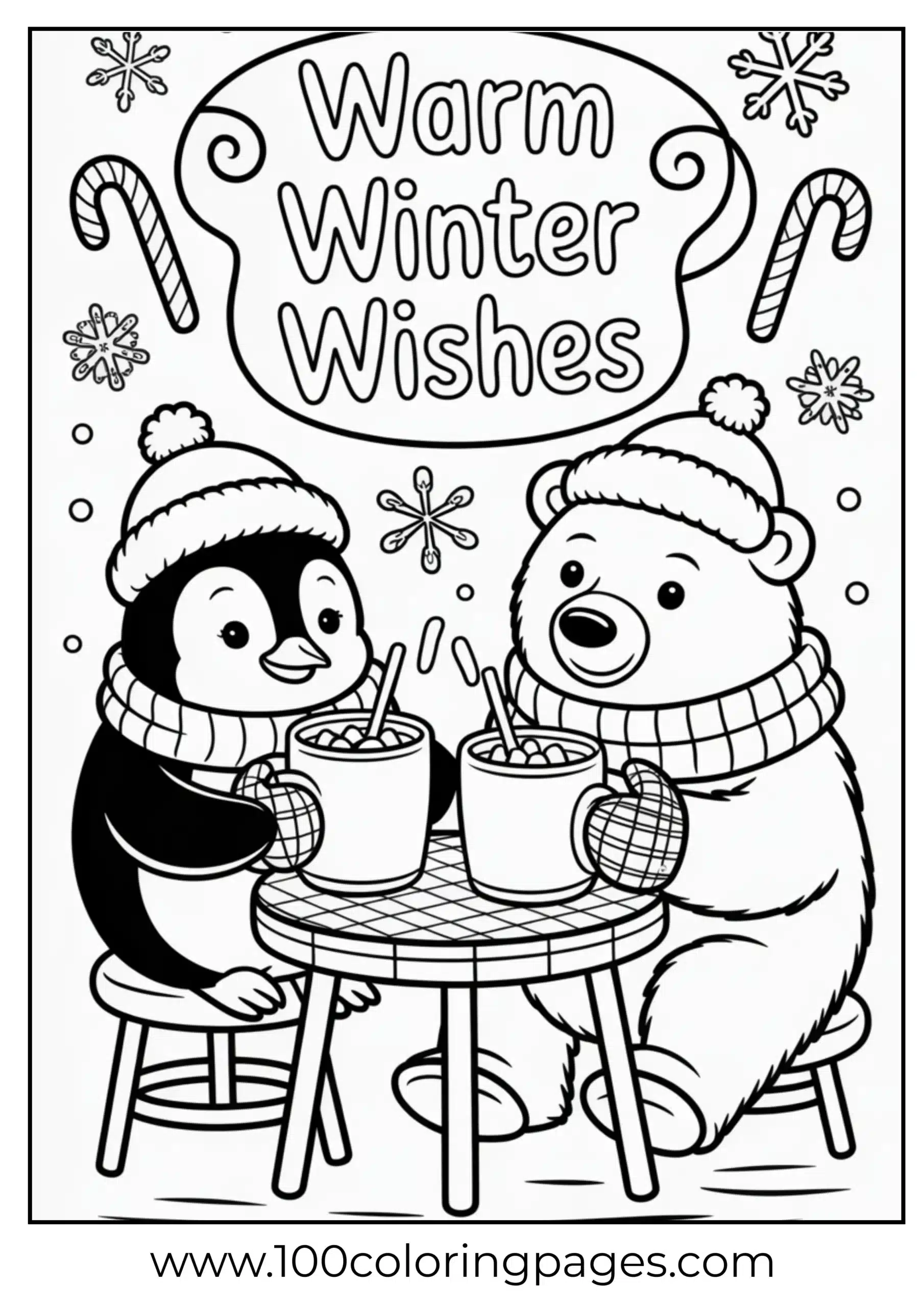 Penguin and polar bear drinking cocoa coloring page