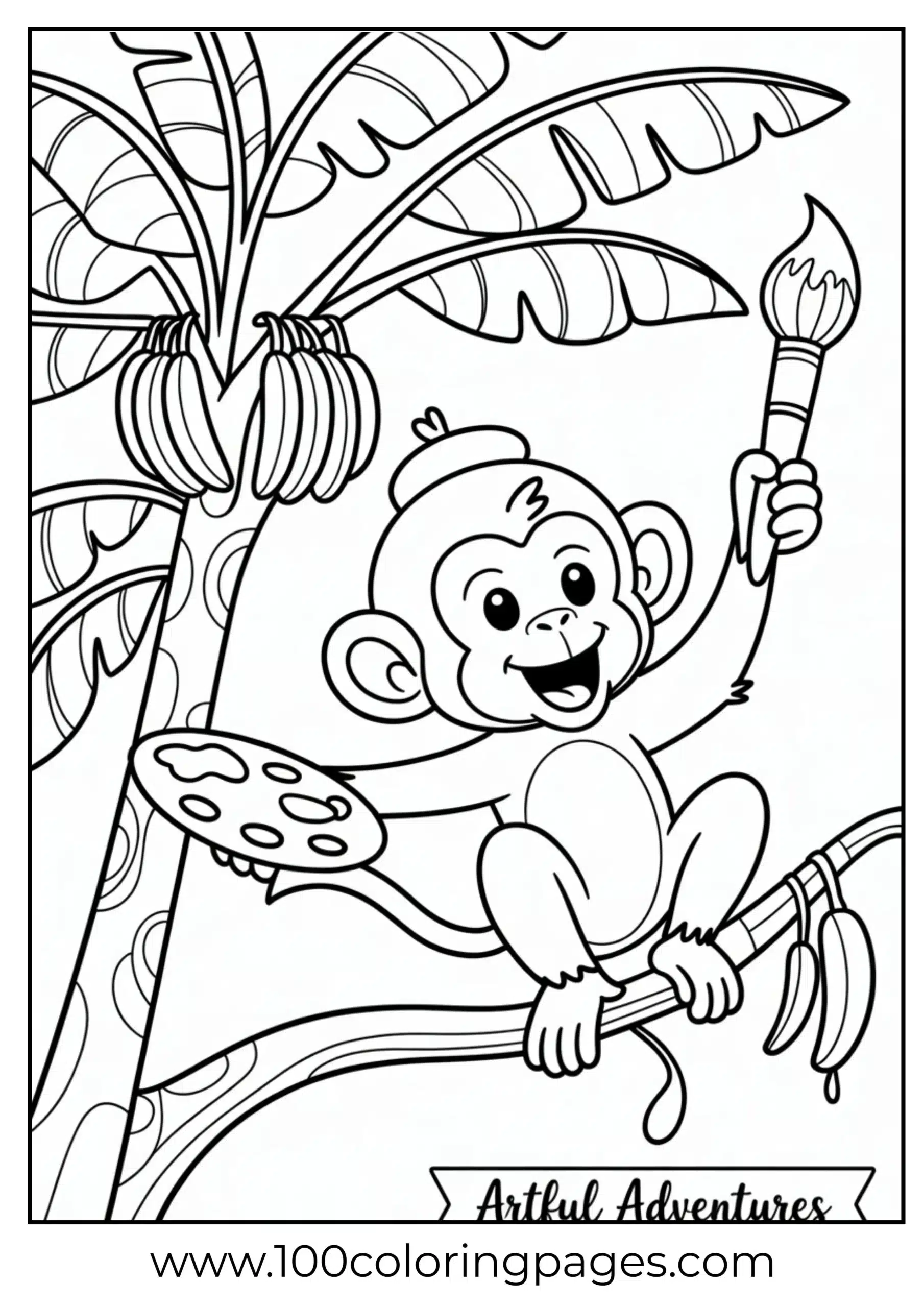 Monkey painting banana tree coloring page
