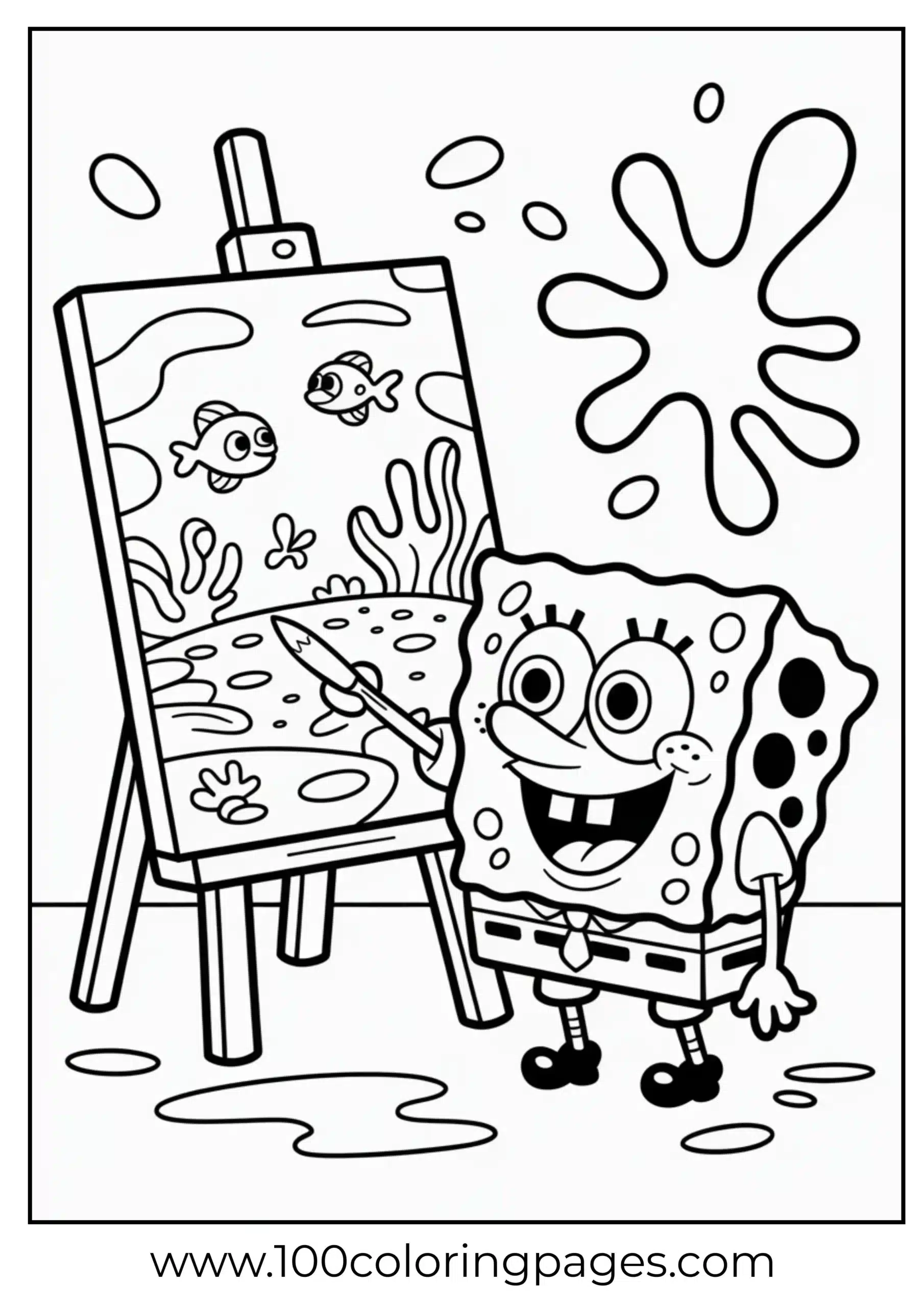 SpongeBob painting on easel with creative pose