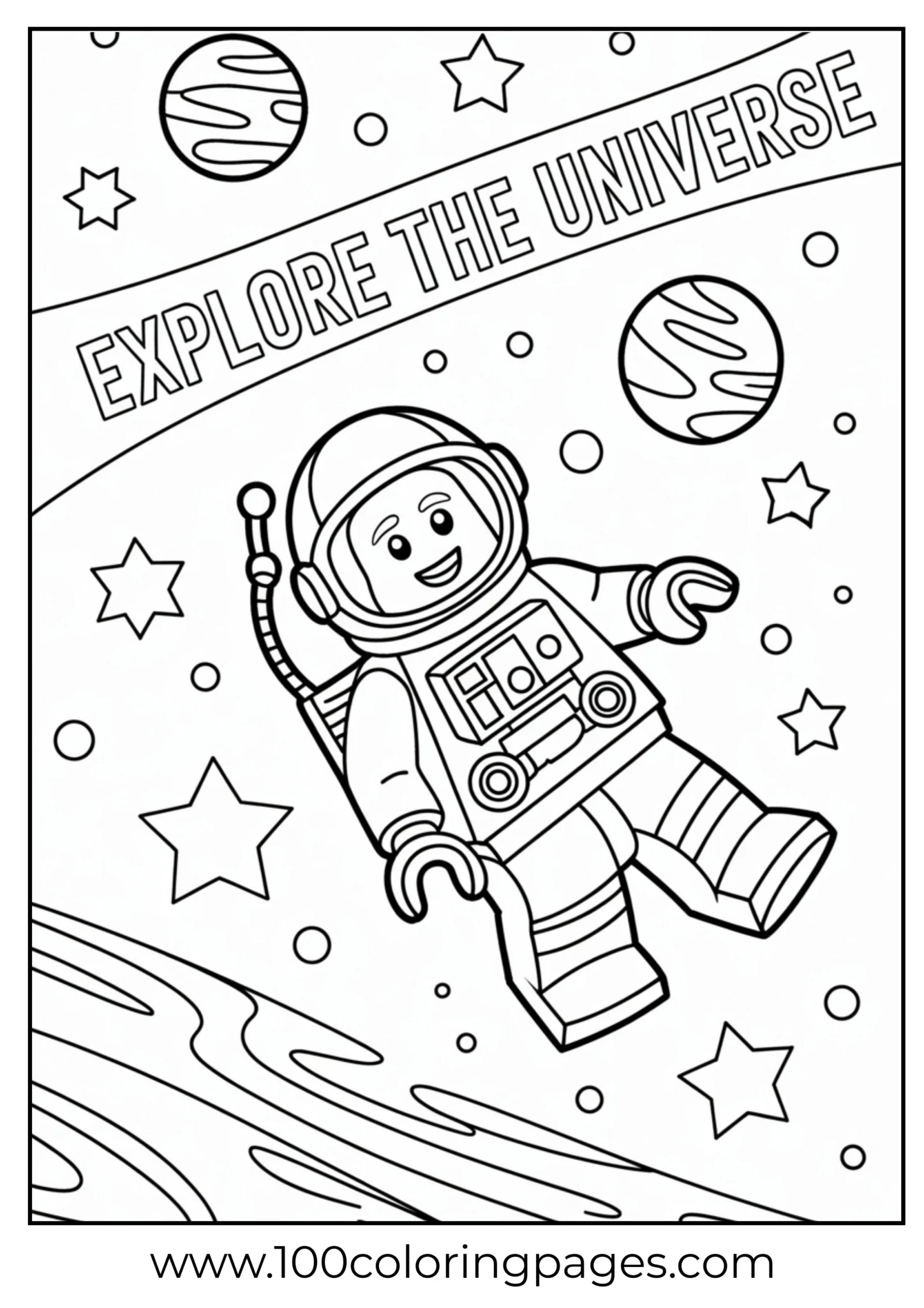 Astronaut floating in space with planets and stars around