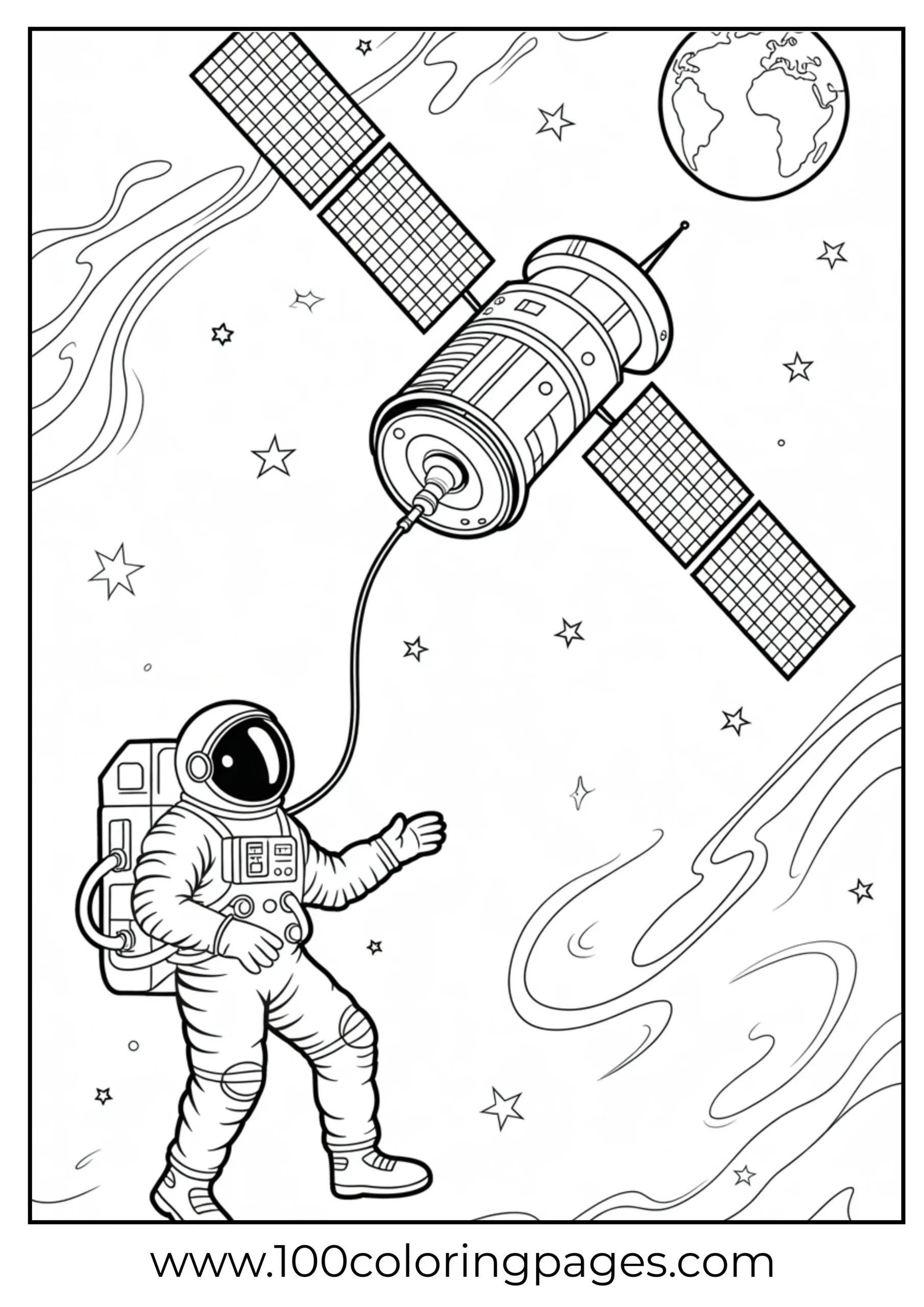 Astronaut tethered in orbit coloring page
