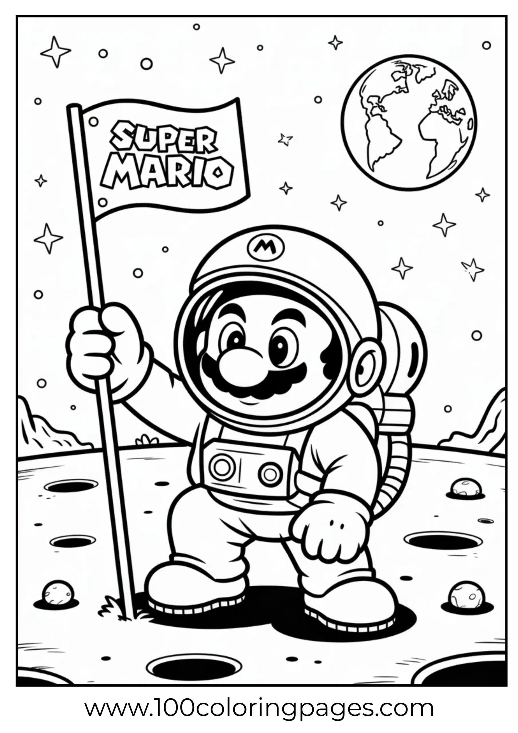 Mario as astronaut on moon with flag in black-and-white layout