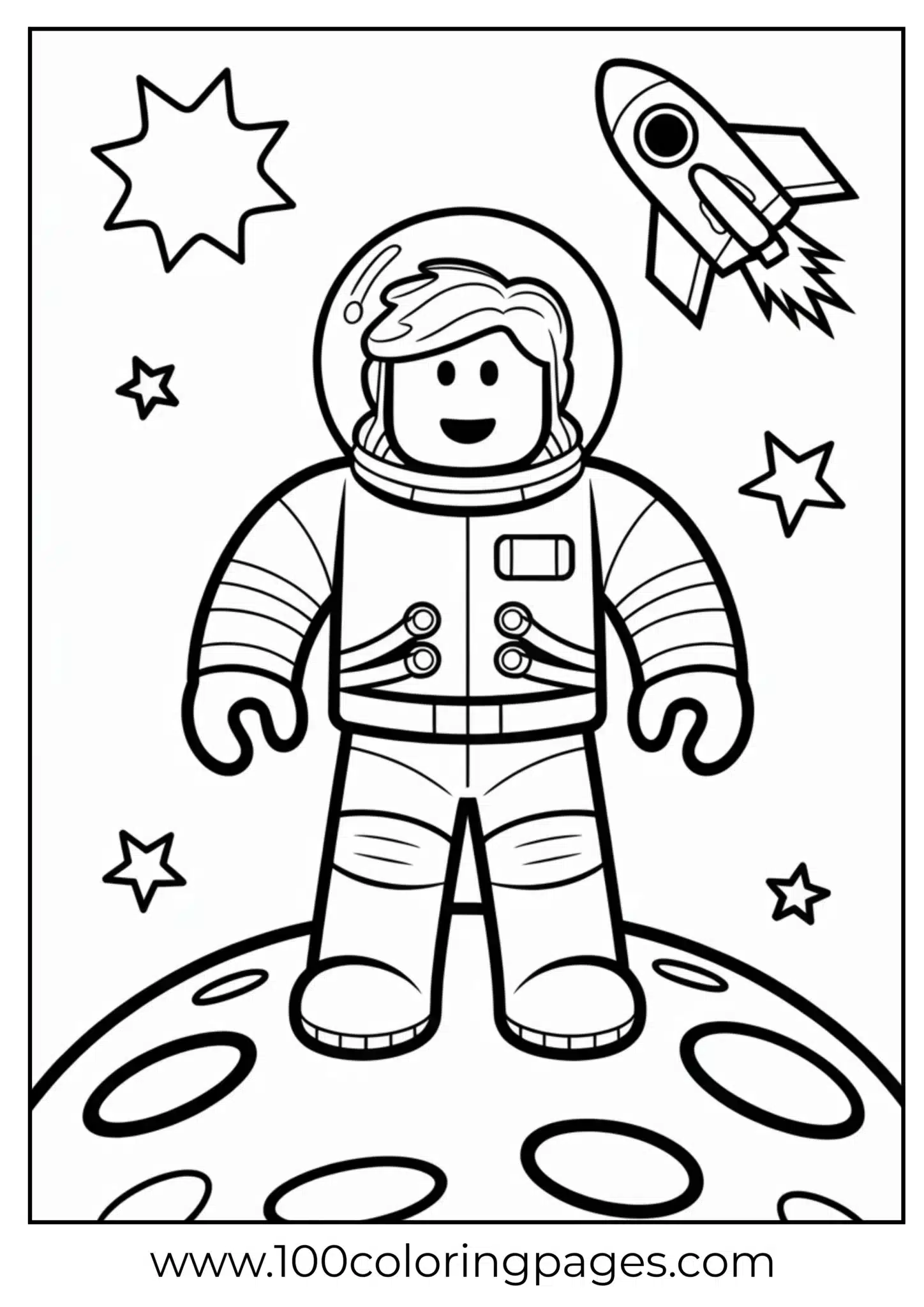 Astronaut standing on moon with stars and a rocket