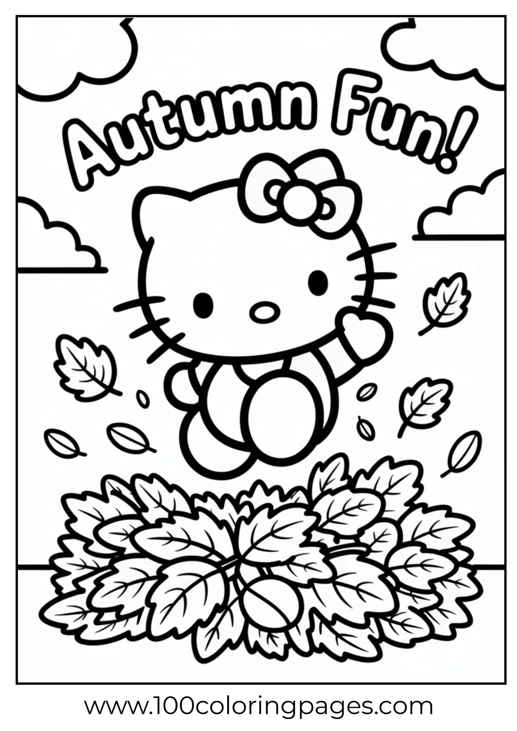 Hello Kitty in autumn leaf pile coloring page