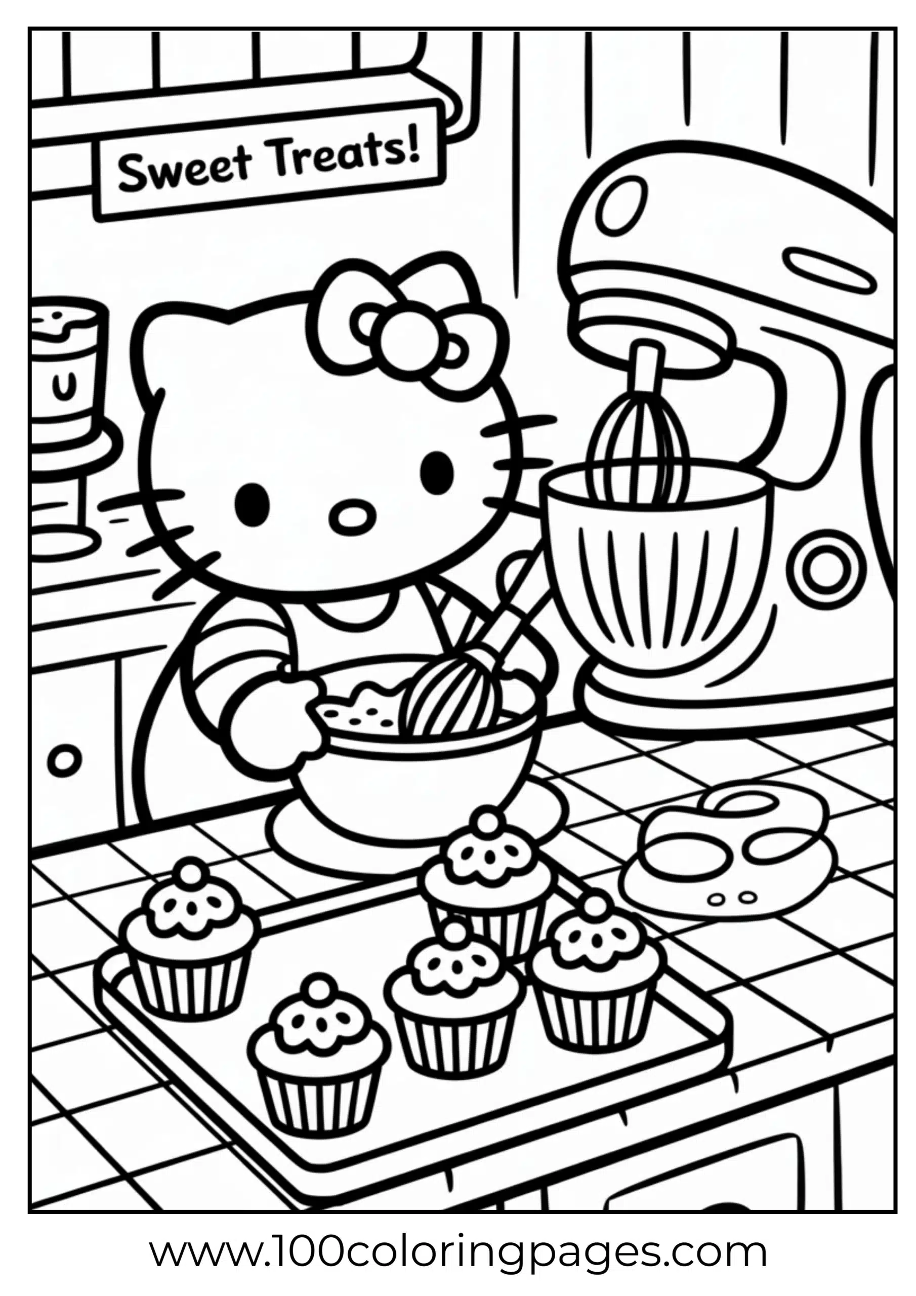 Hello Kitty baking cupcakes coloring page