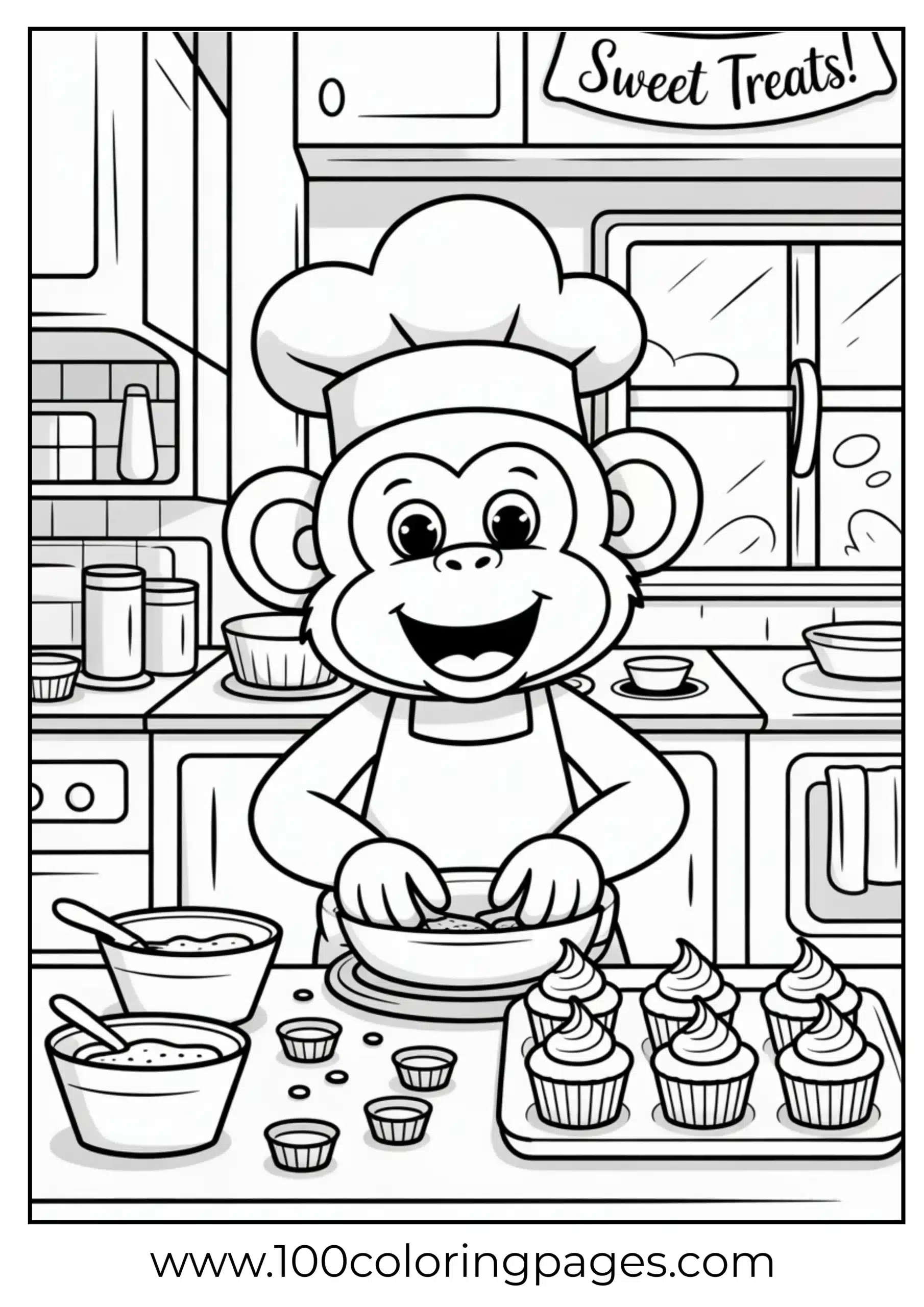 Monkey baking cupcakes coloring page