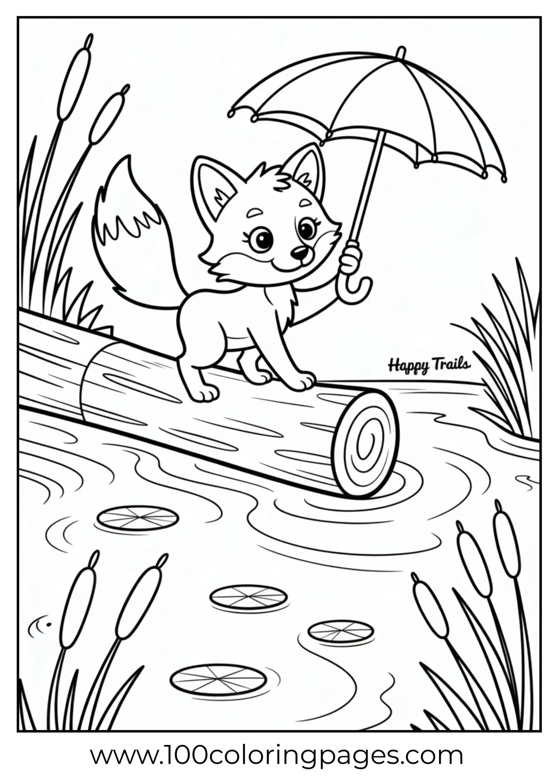 Fox balancing on log in water with umbrella