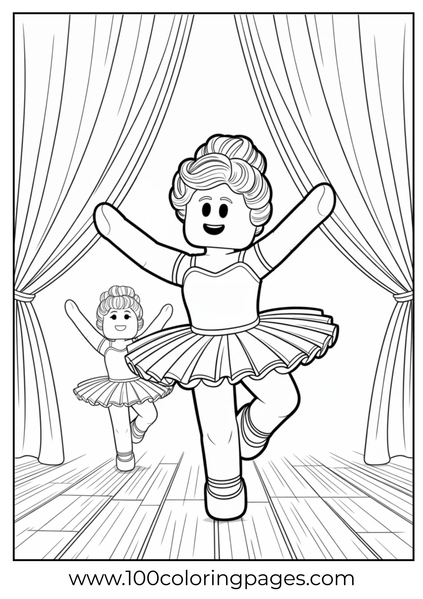 Two cartoon ballet dancers performing on stage