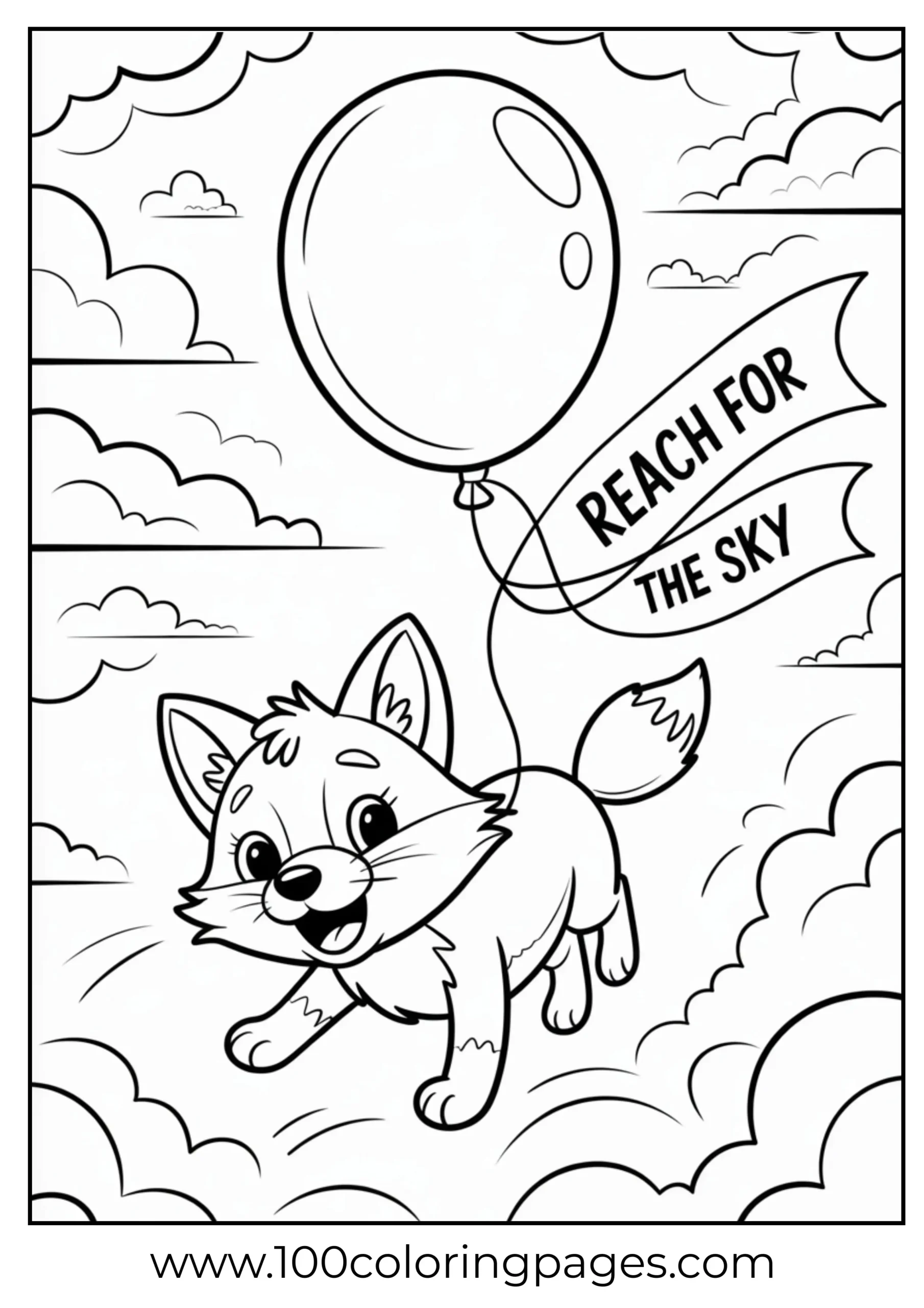 Fox floating with balloon above clouds