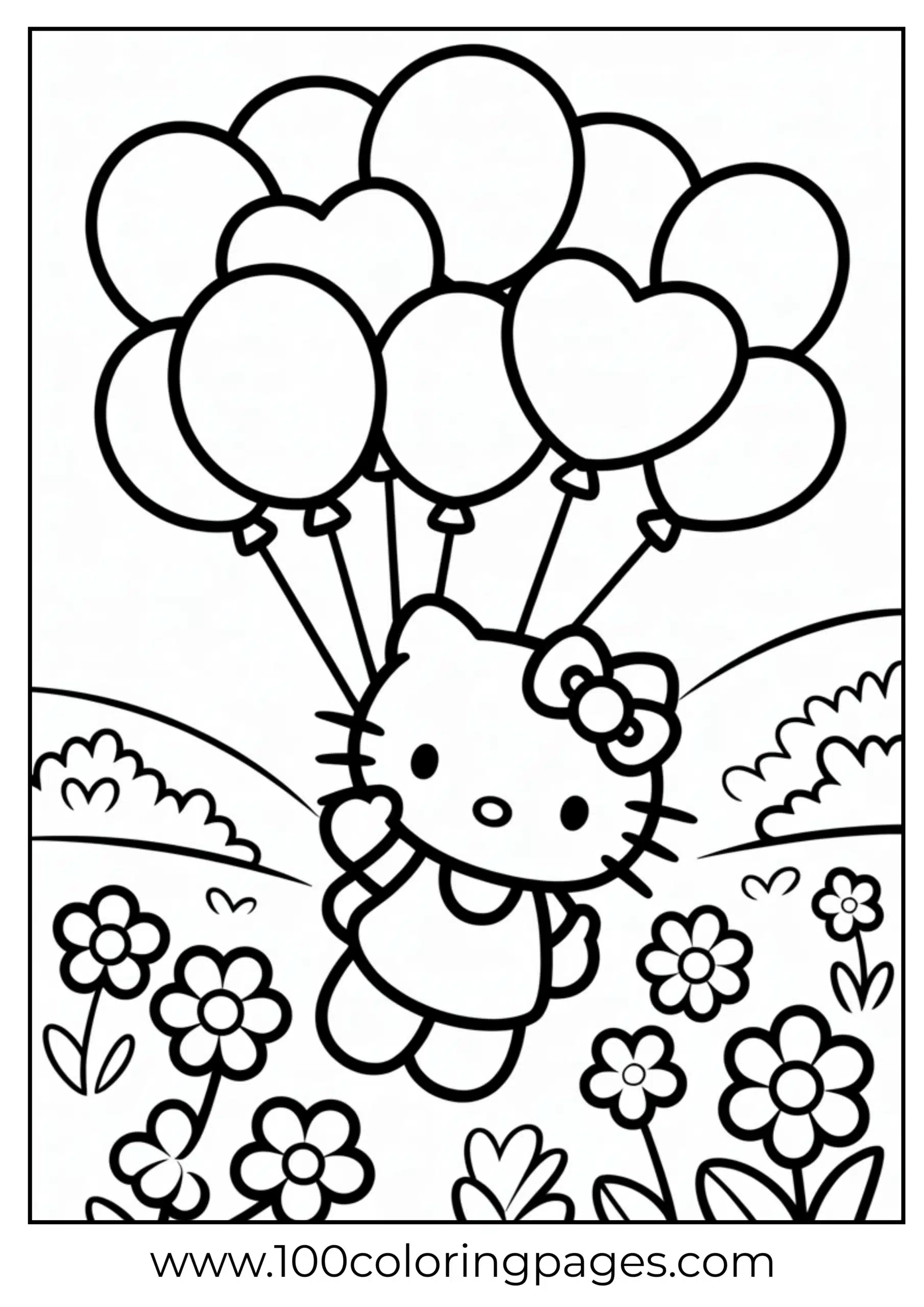 Hello Kitty floating with balloons coloring page
