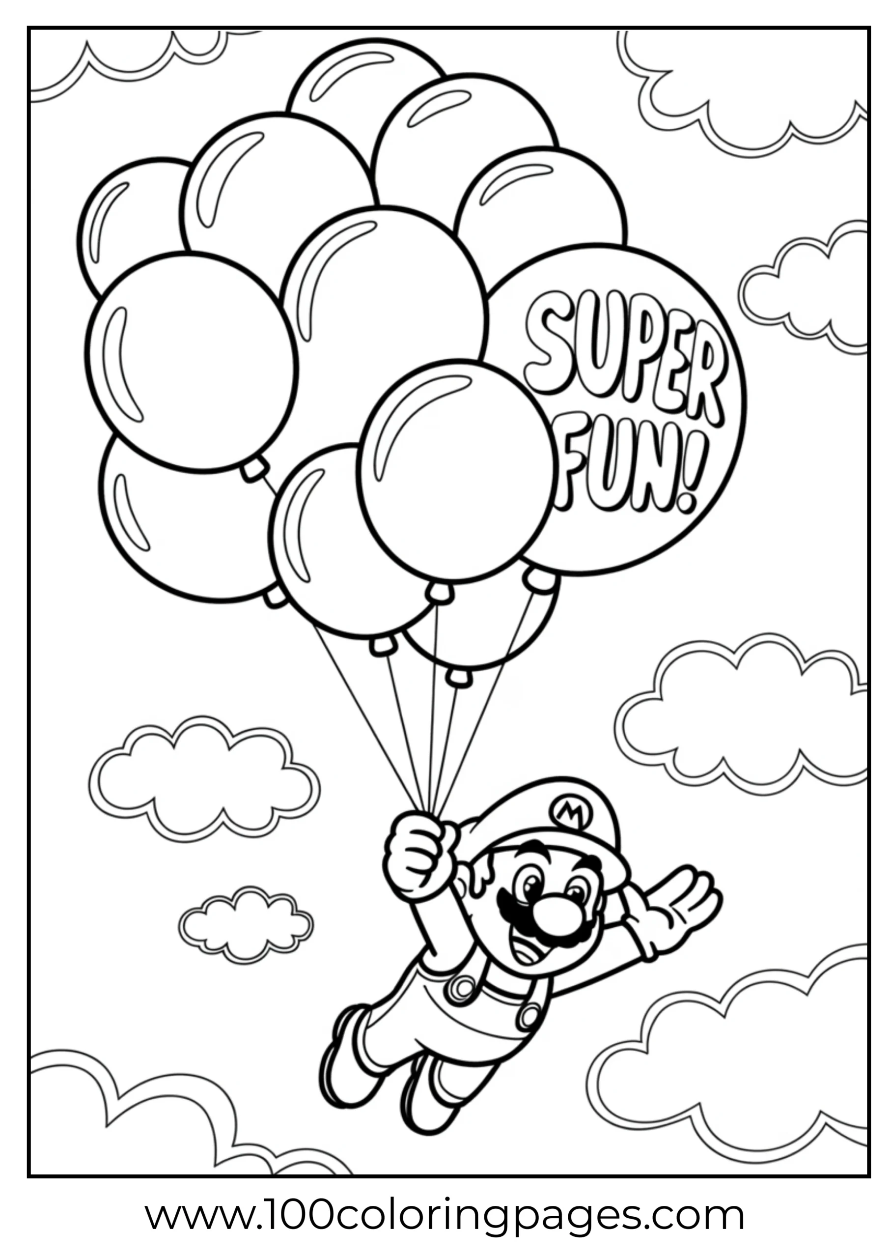 Mario flying with balloons in the sky in cartoon style