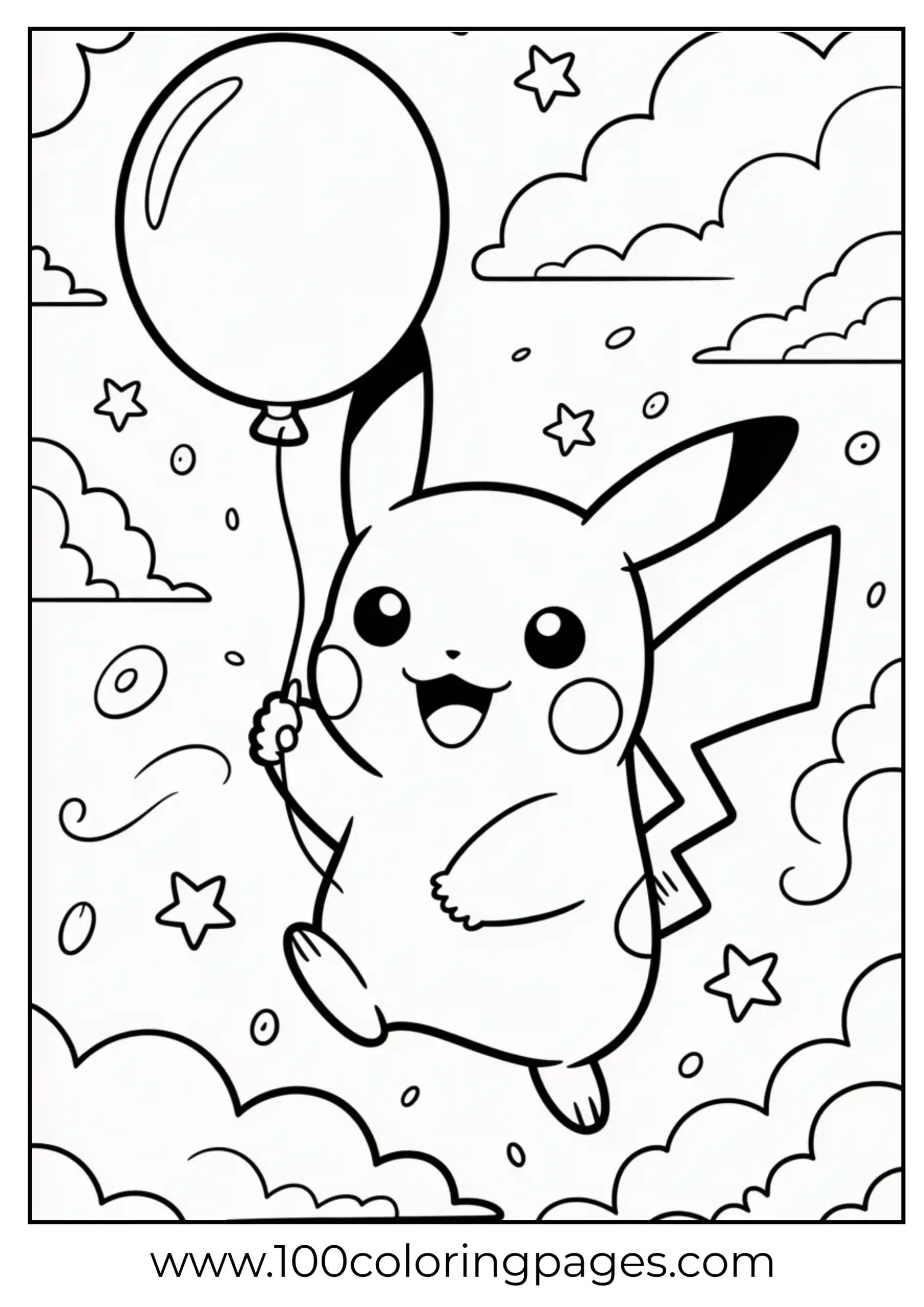 Pikachu holding balloon floating among clouds