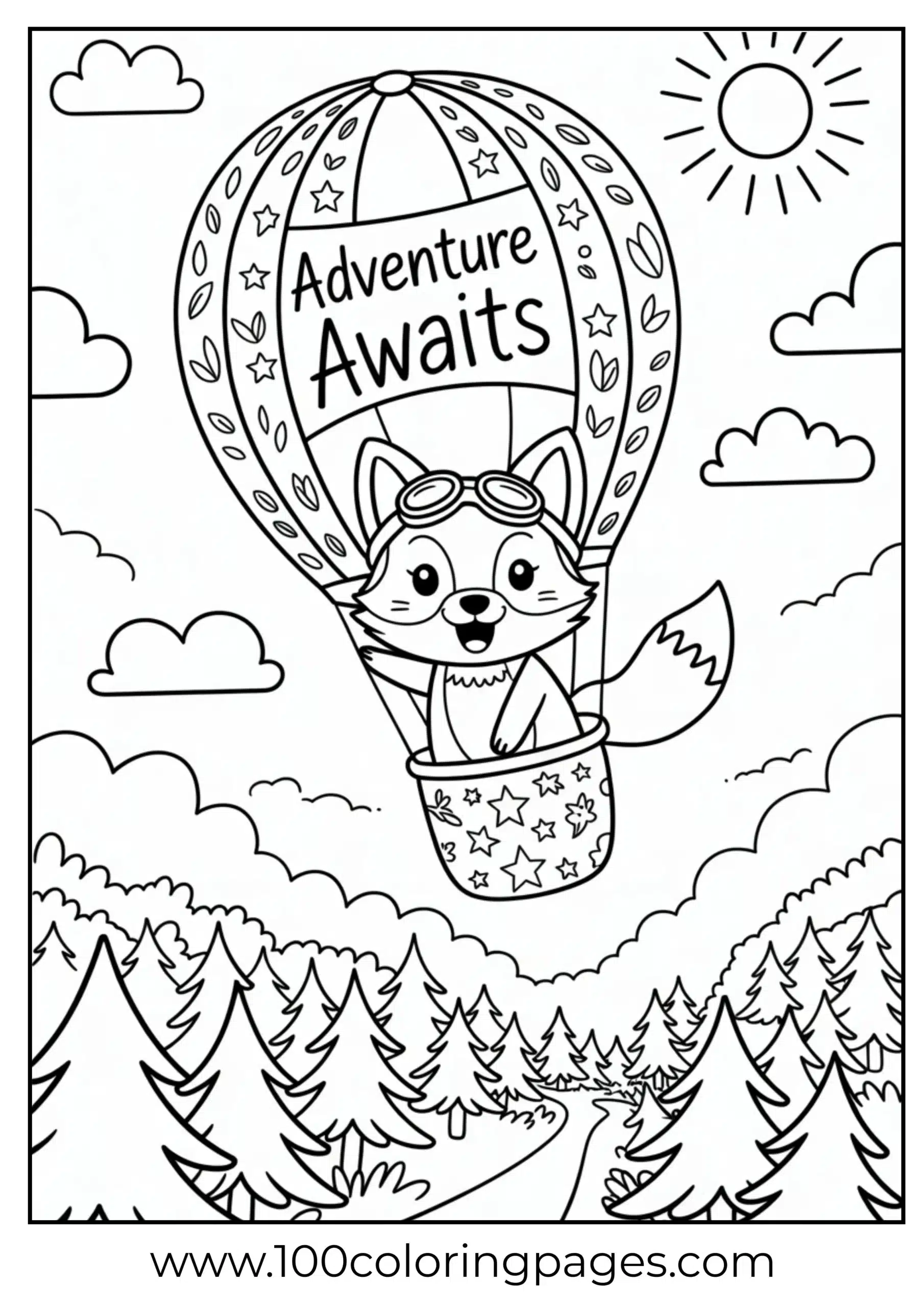 Fox in hot air balloon floating over trees