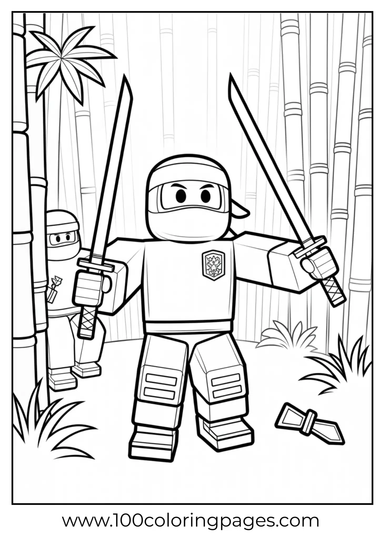 Ninja with dual swords in a bamboo forest coloring page