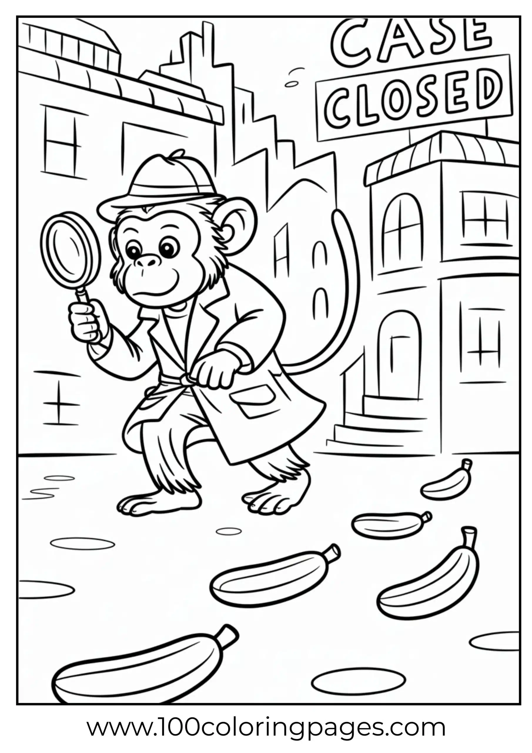 Monkey detective tracking banana footprints coloring page