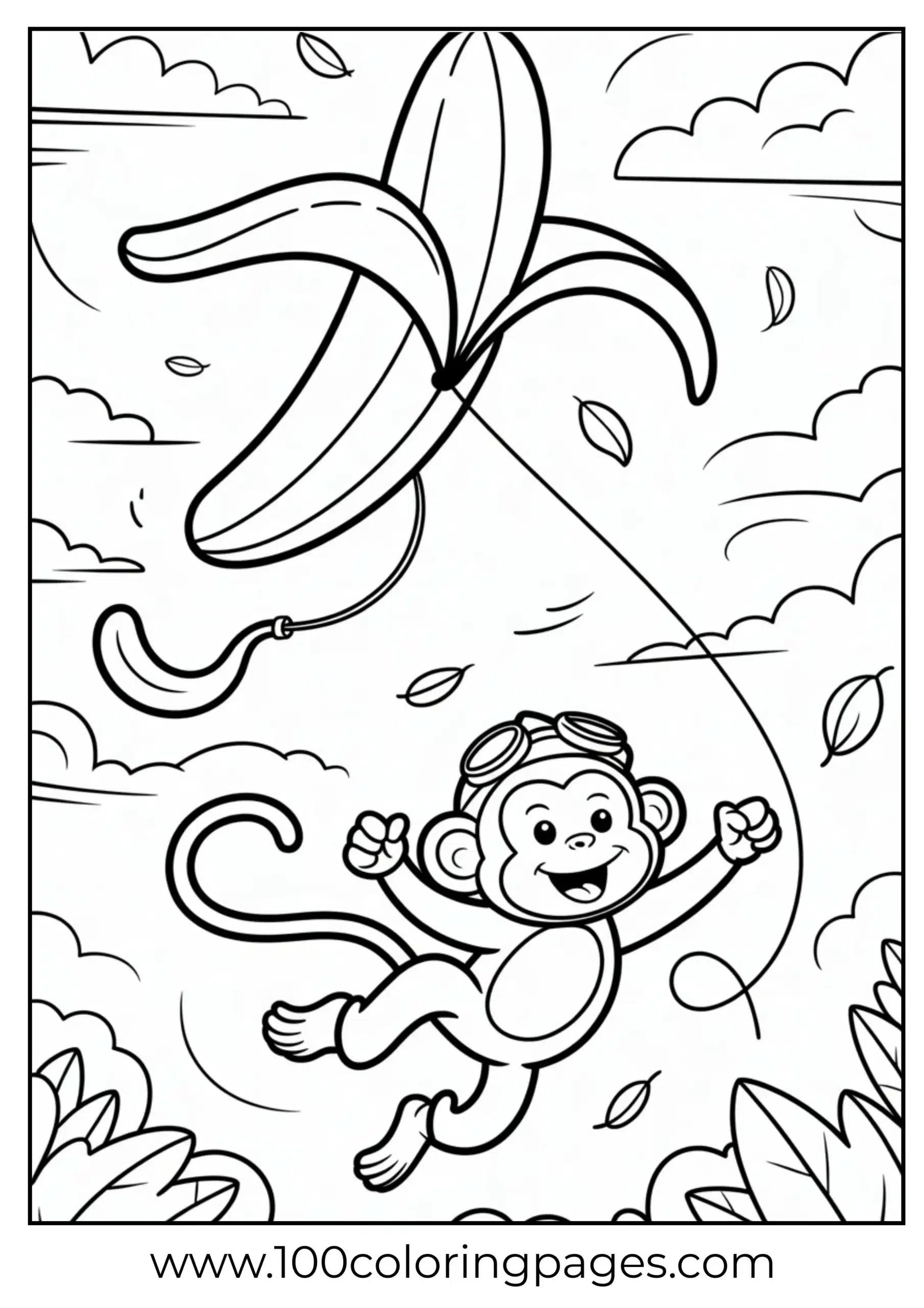 Monkey flying banana-shaped kite coloring page