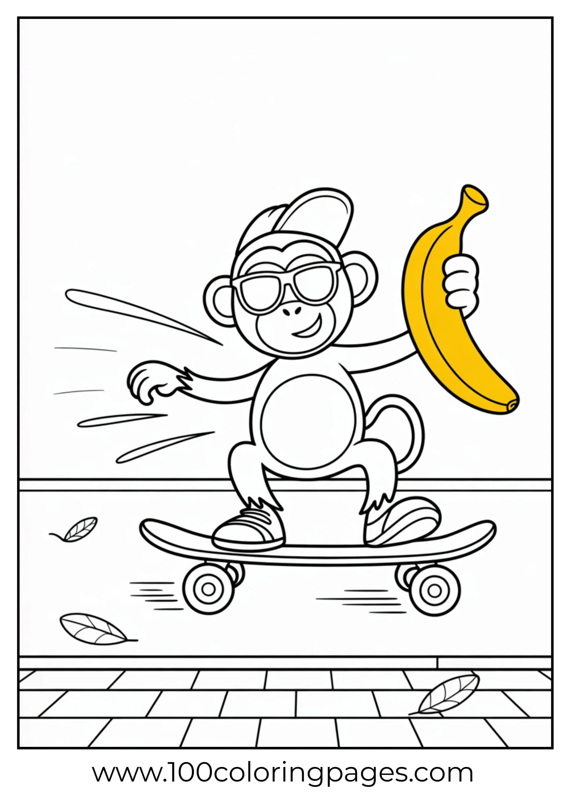 Monkey skateboarding with banana tail coloring page