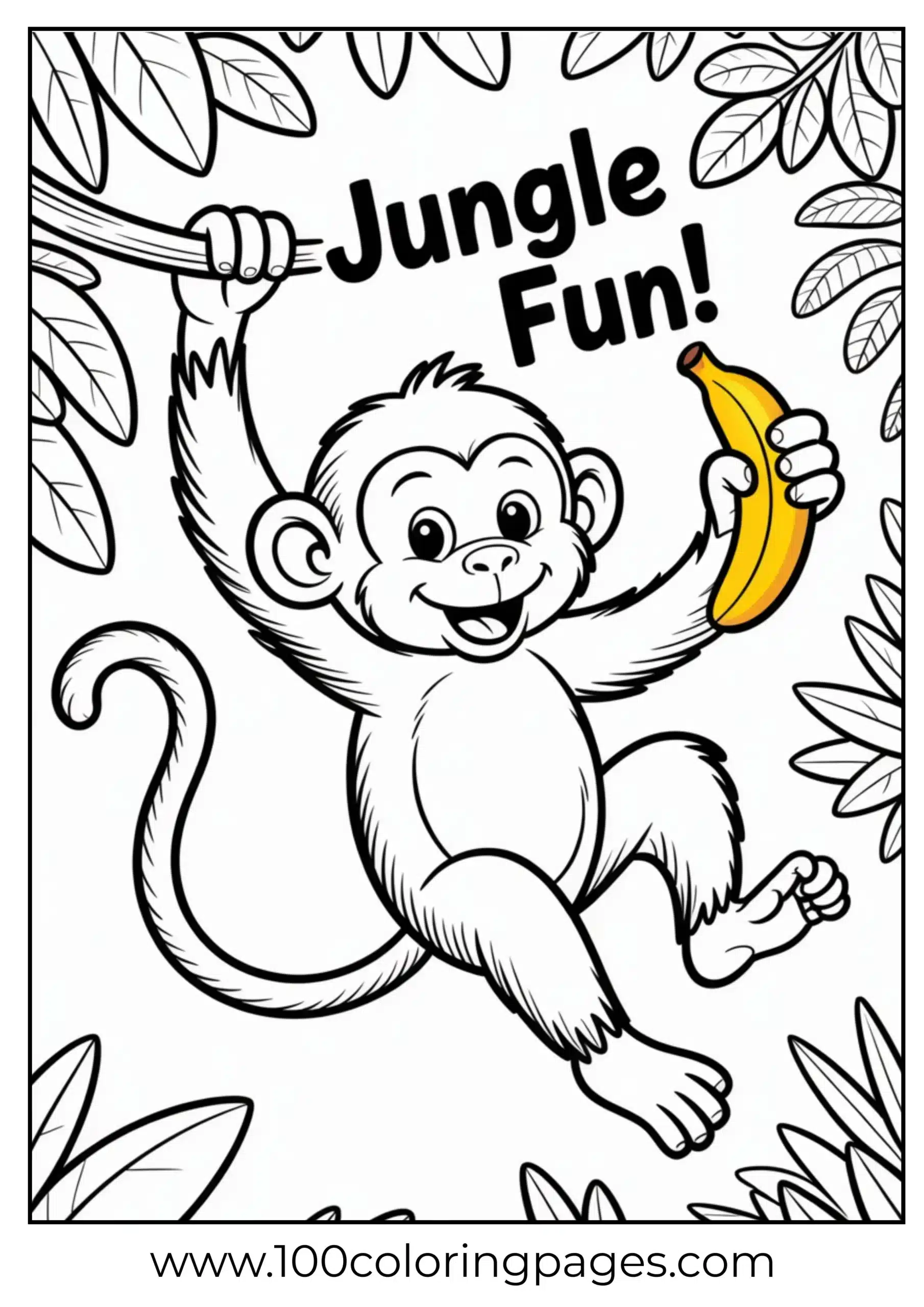 Cute monkey swinging with banana coloring page