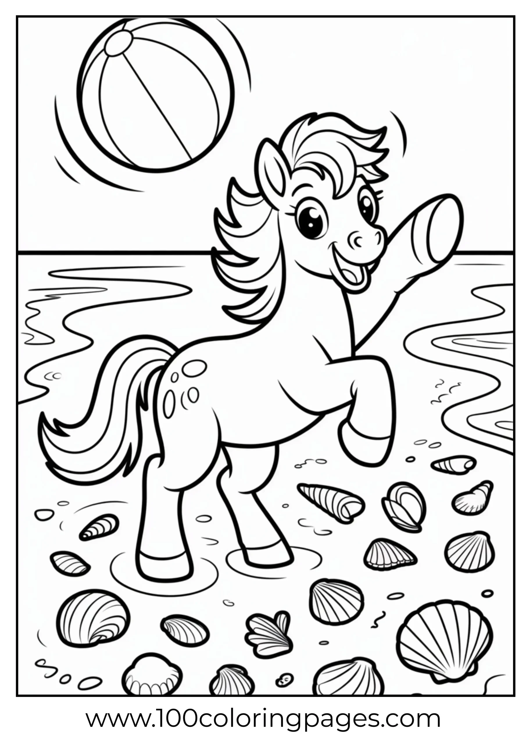Pony playing with beach ball on sand