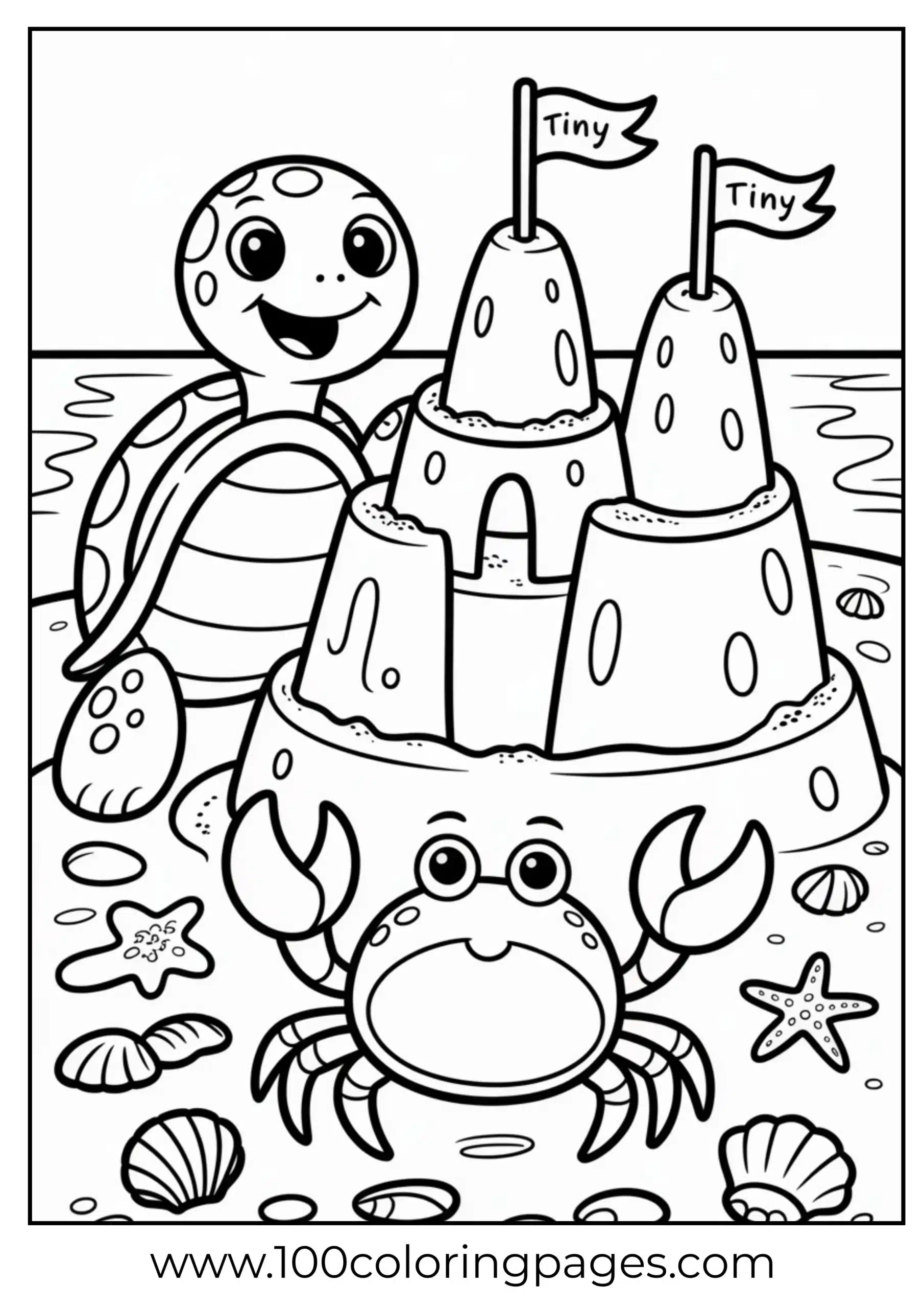 Turtle and crab making sandcastle coloring page
