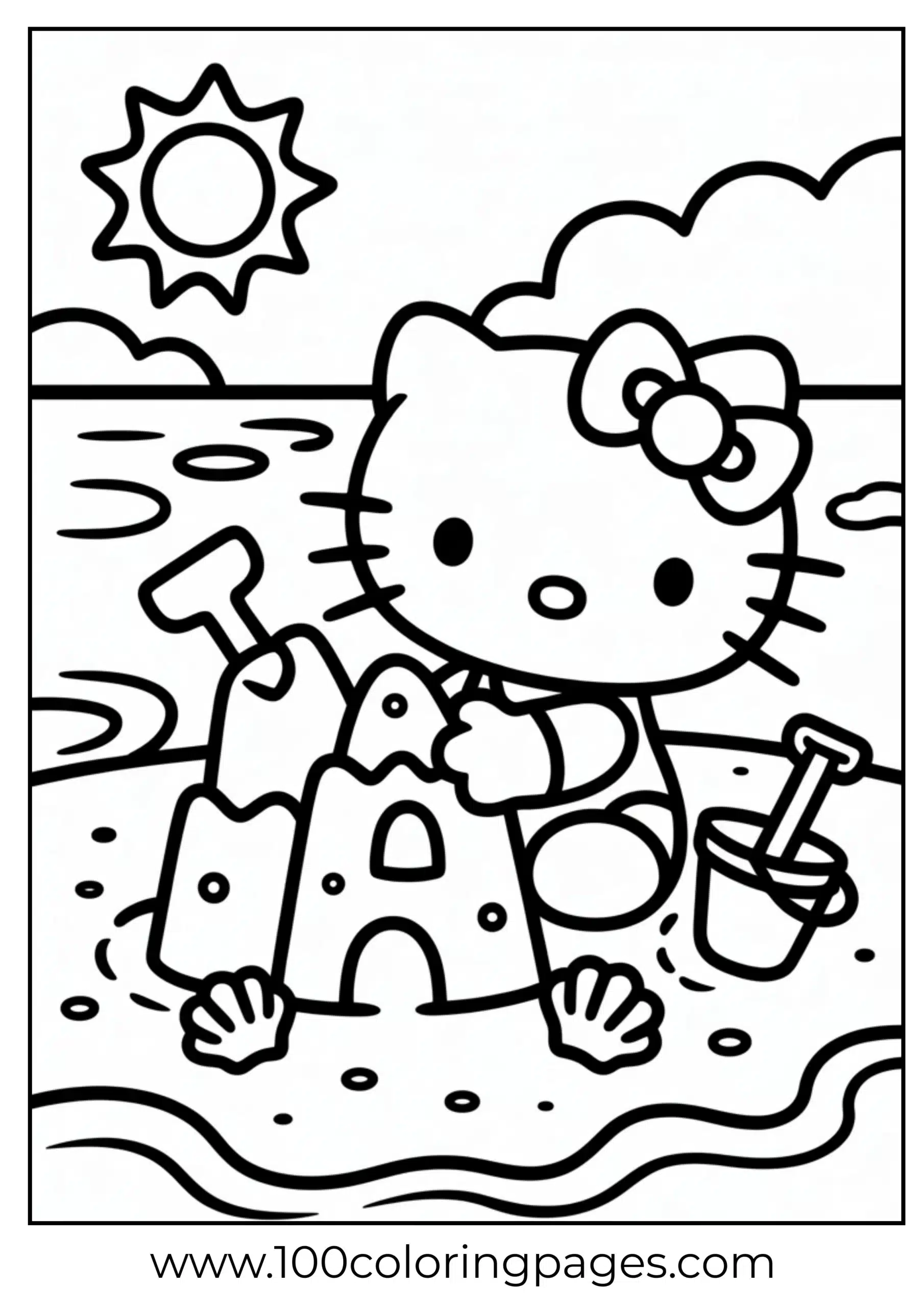 Hello Kitty building a sandcastle coloring page