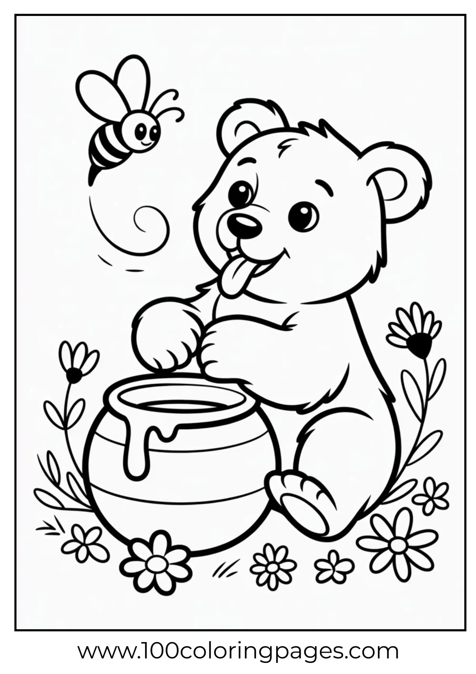 Cute bear cub with honey pot coloring page