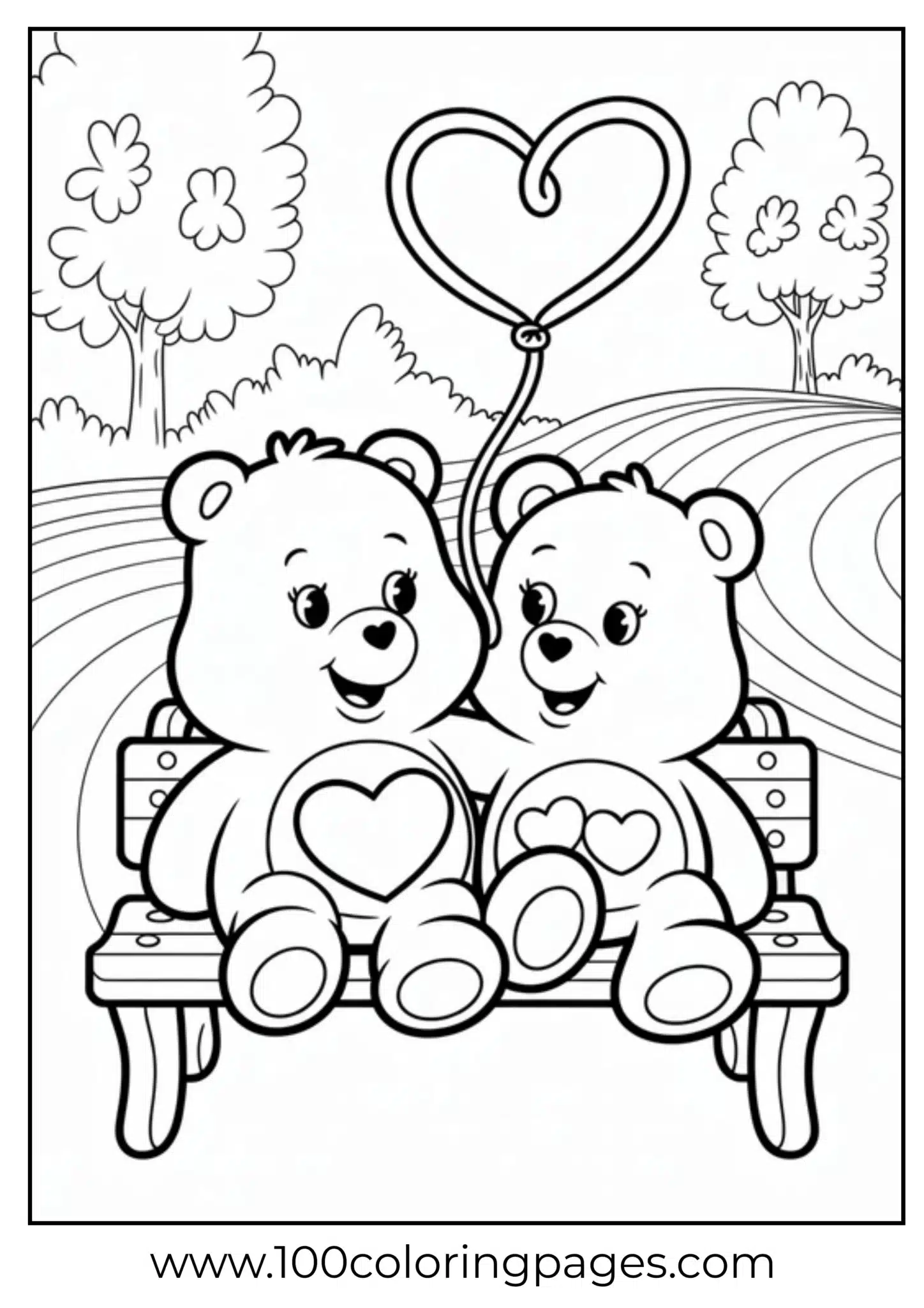 Two cute bears with a heart-shaped balloon on a bench