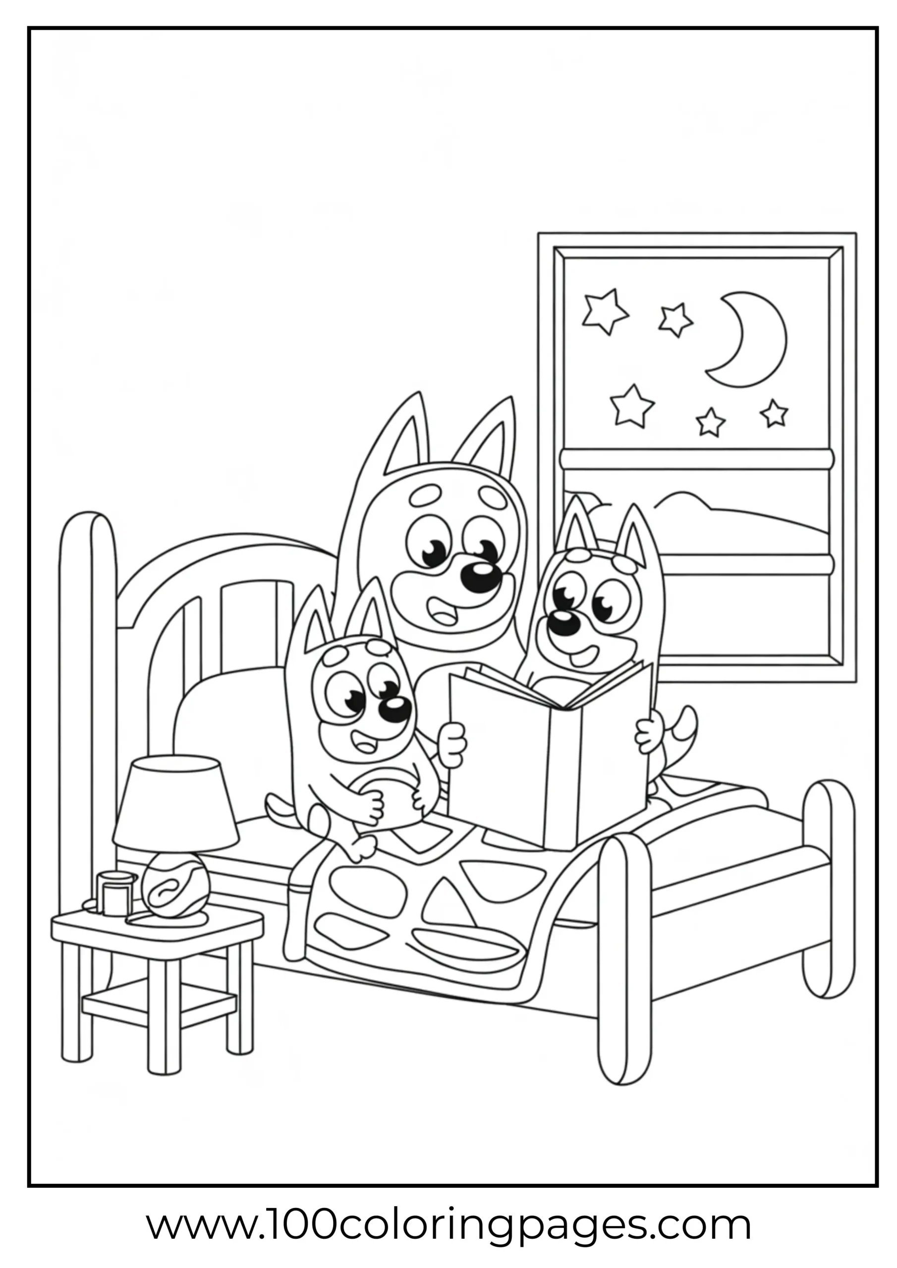 Chilli reading to Bluey and Bingo coloring page