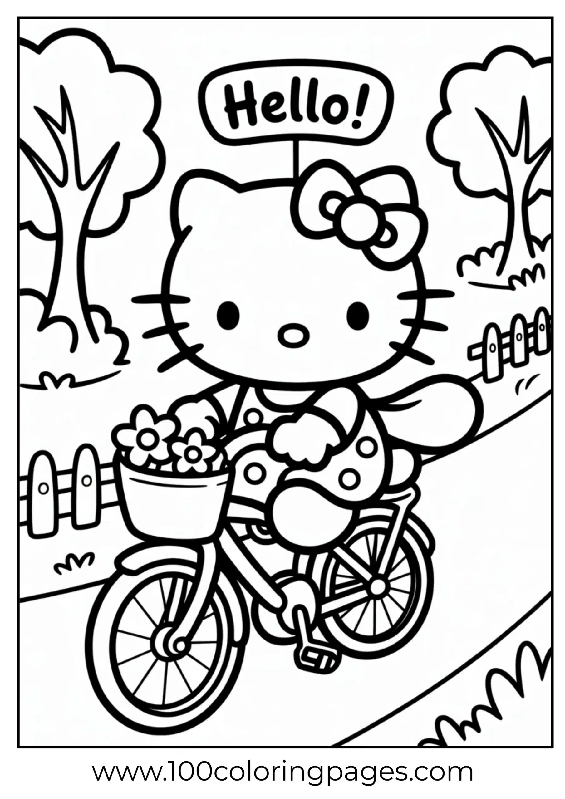 Hello Kitty riding a bicycle coloring page