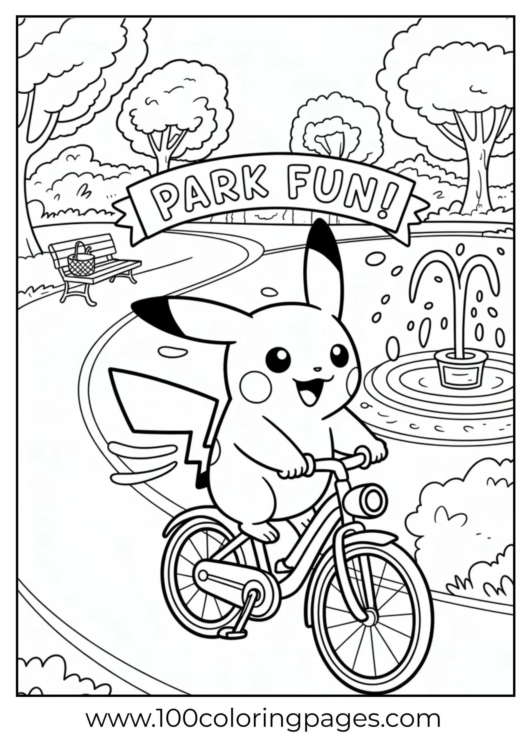 Pikachu riding bike through park